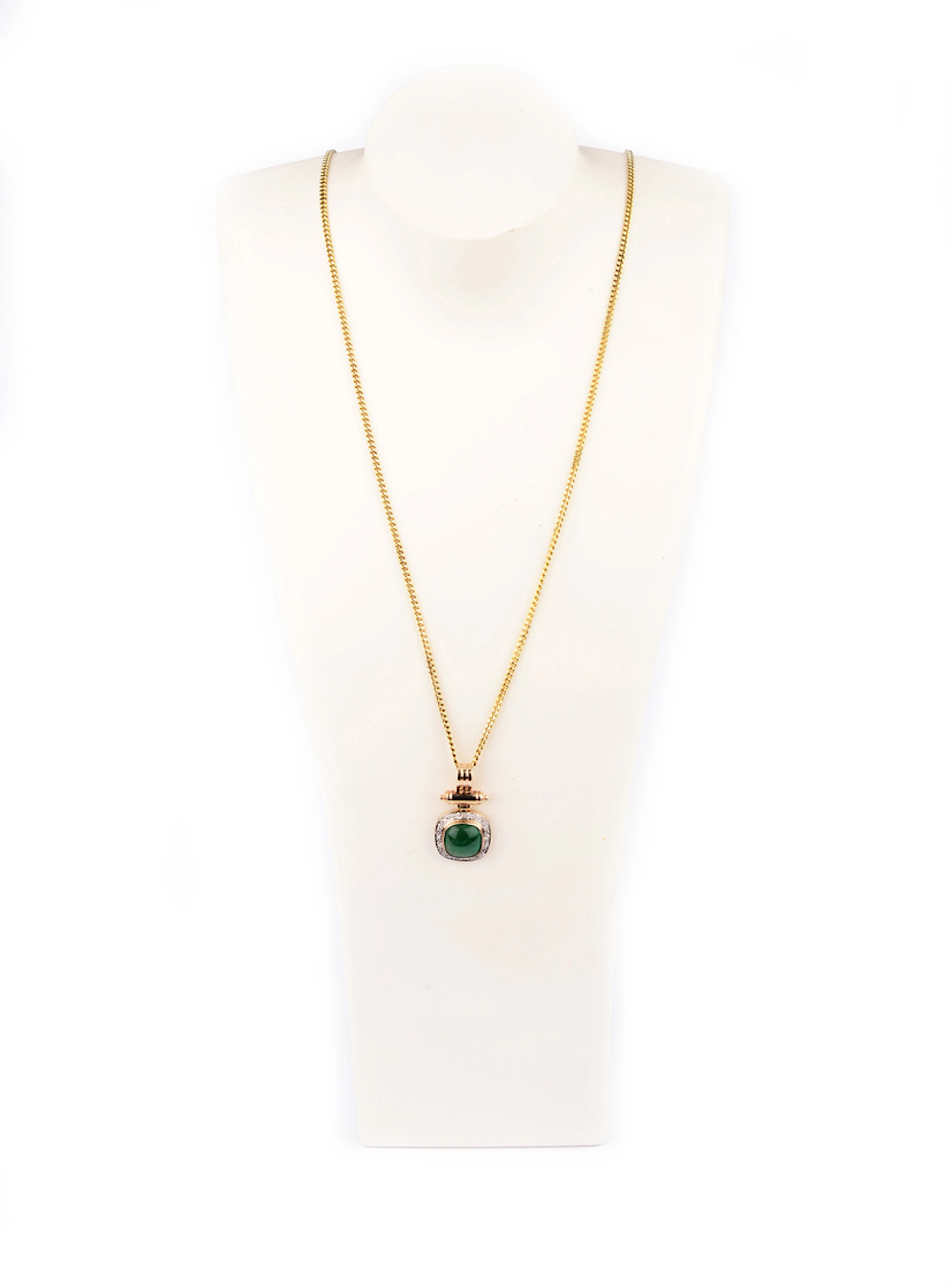 LANGE HALSKETTE mit Smaragd/Diamant-Anhänger, 585er Gelbgold.