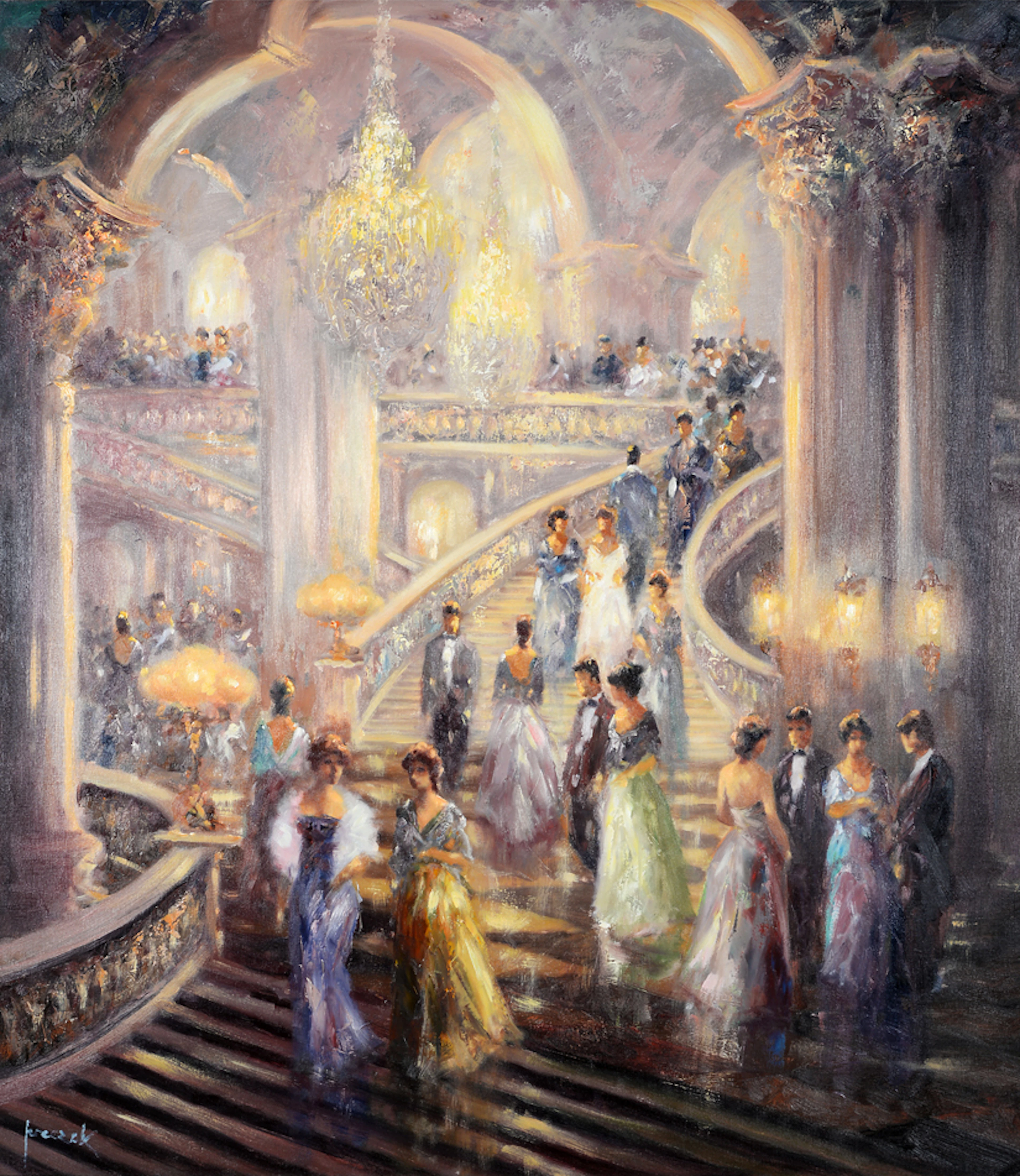 CHRISTIAN JERECZEK. Ballgesellschaft im festlich beleuchteten Foyer. Öl auf Leinwand.