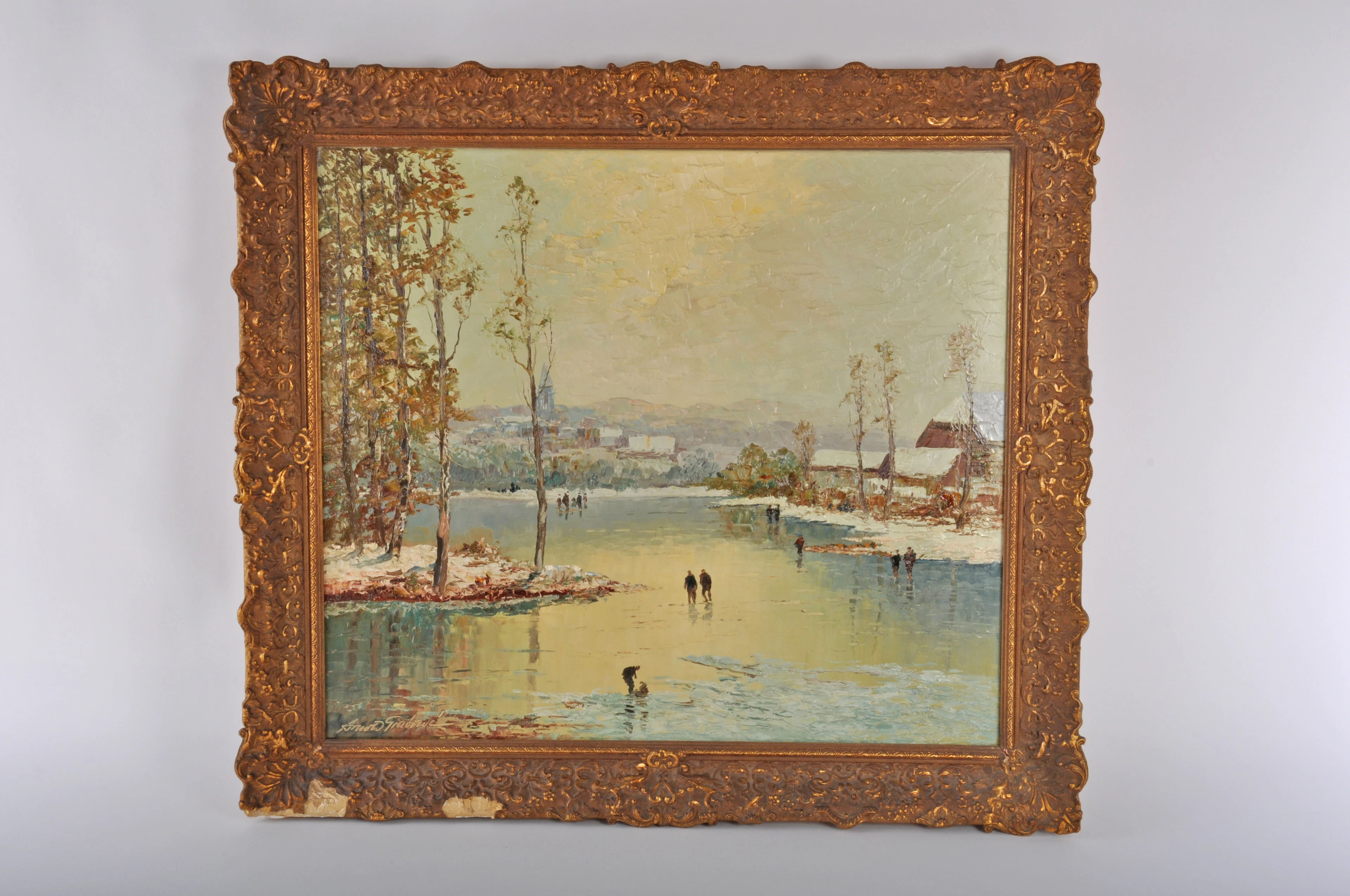 GEORG ARNOLD-GRABONE. "Dorfweiher im Winter". Öl auf Leinwand. Spachteltechnik.