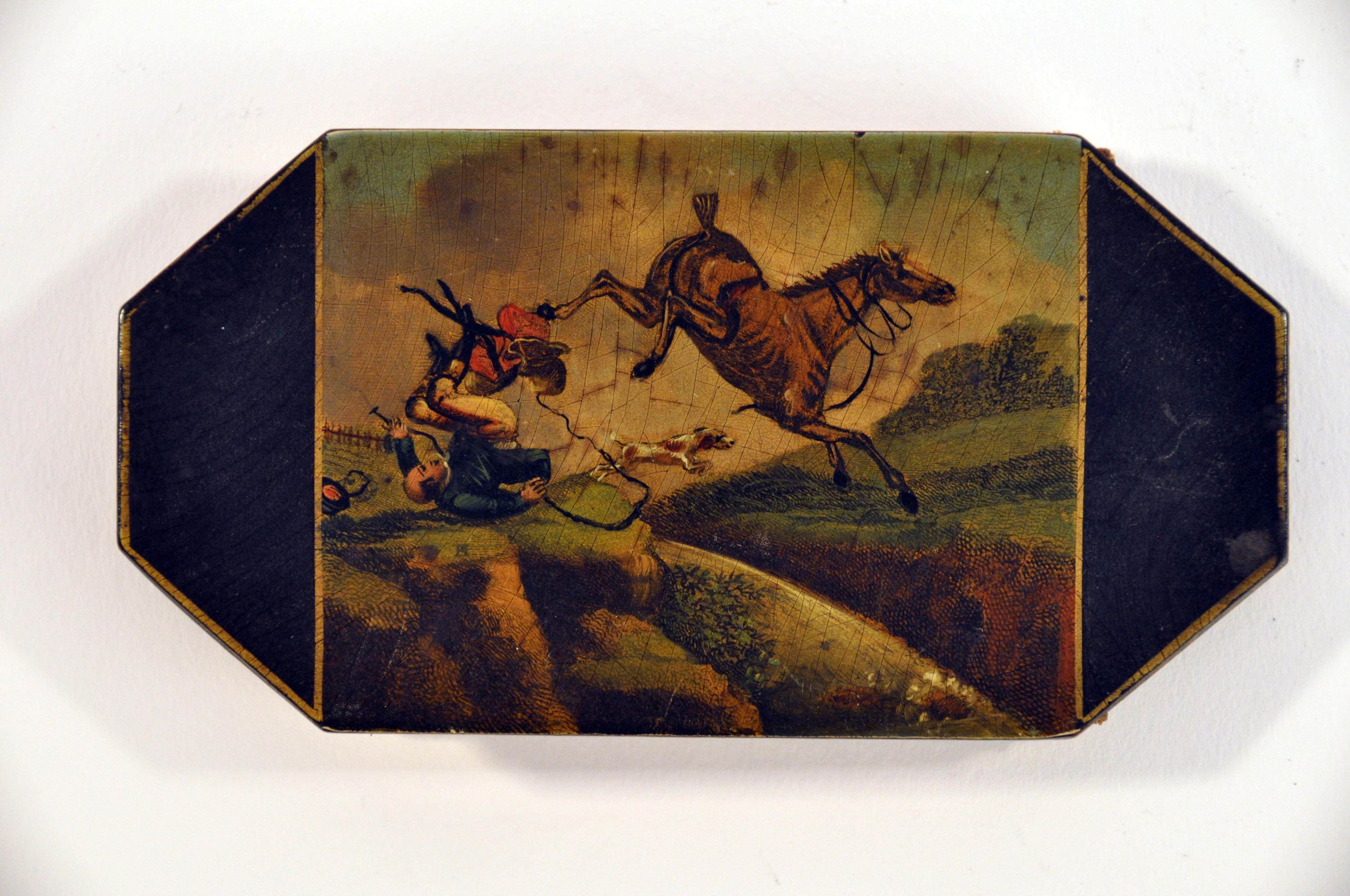 Biedermeier Brillen-Etui mit lupenfeiner Malerei. Eventuell Stobwasser. Deutschland, um 1850.