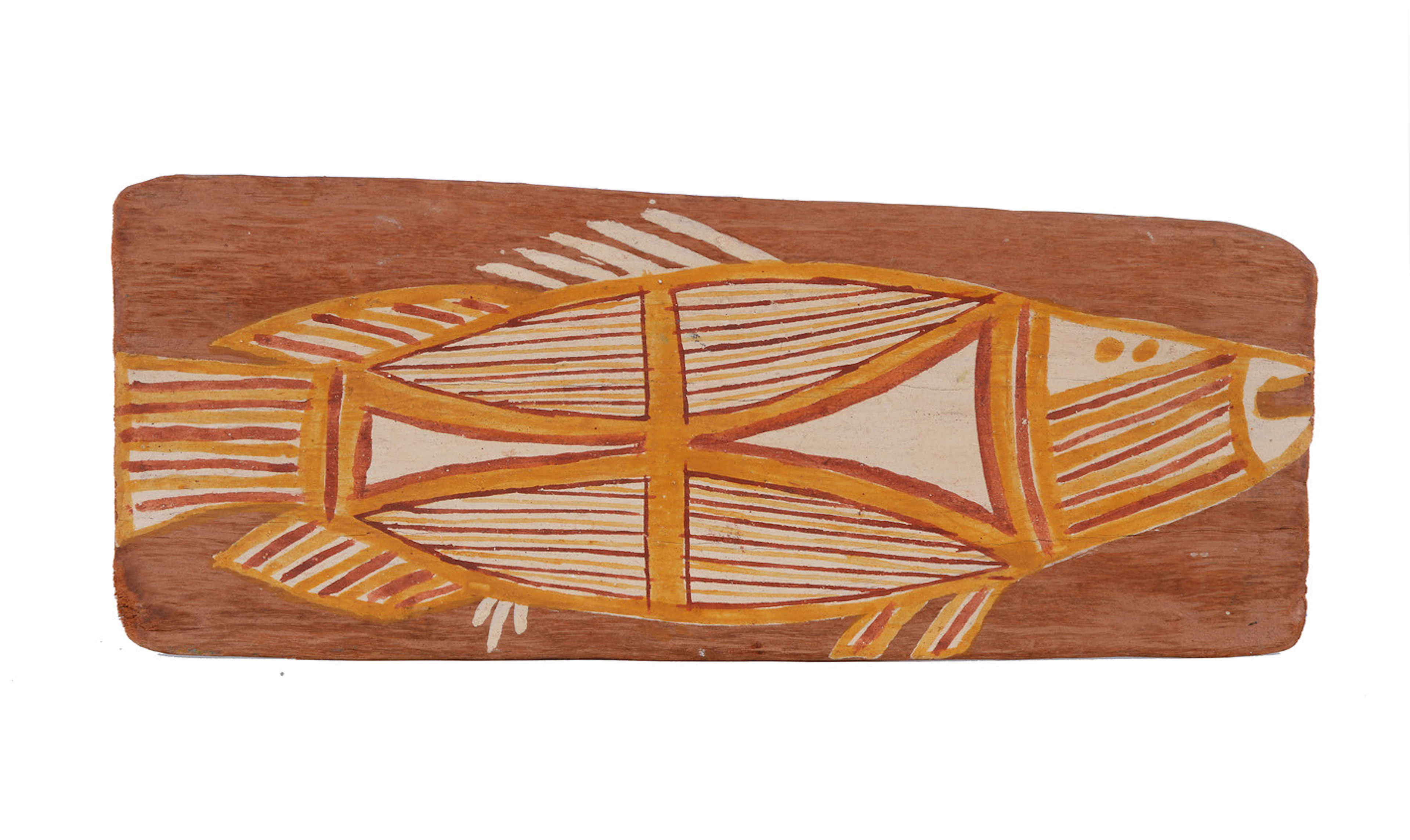 JANUARY NONGANYARI. Barramundi. Aborigine-Kunst. Tempera auf Holz. Datierung 1960er Jahre.