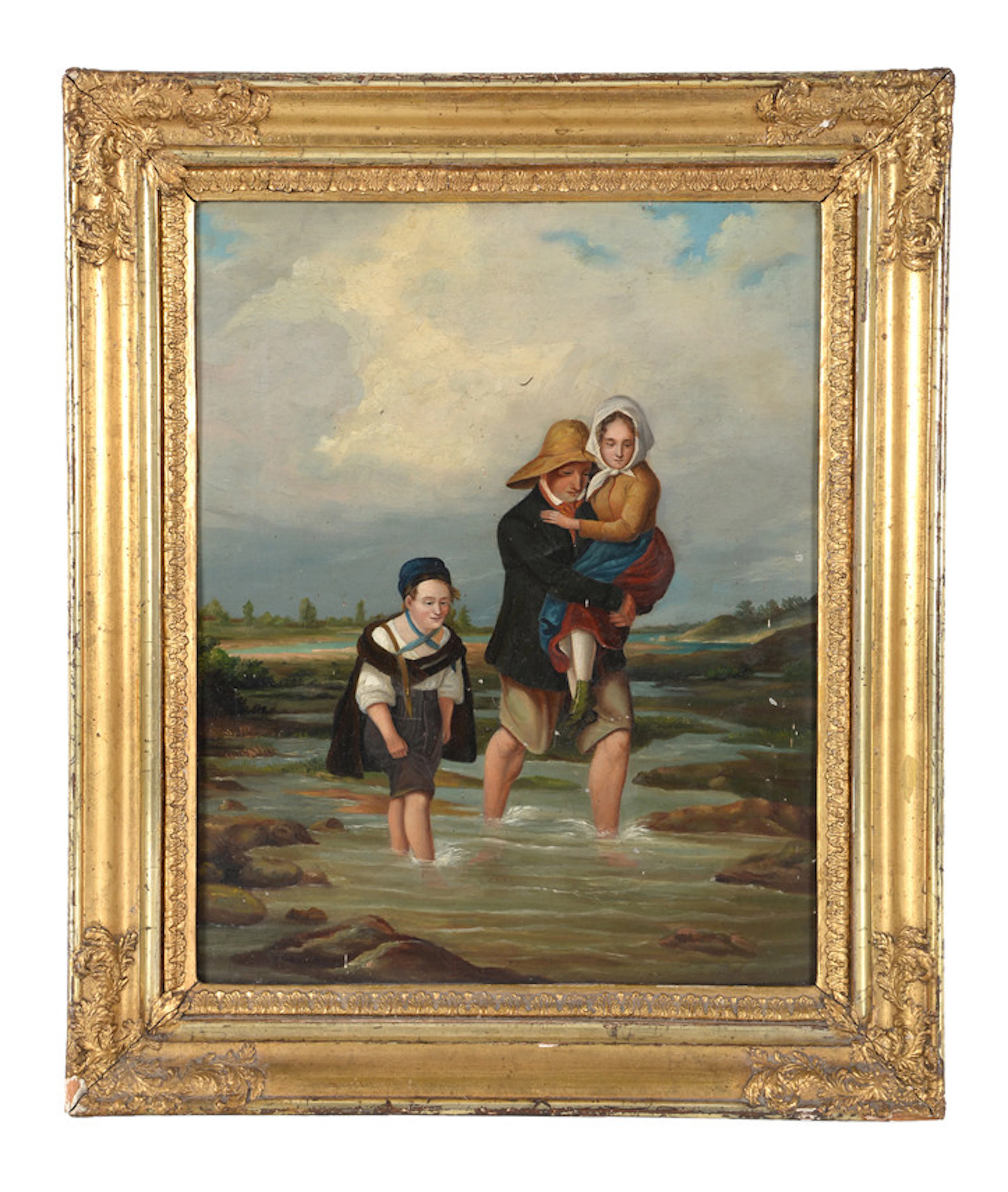 UNBEKANNTER KÜNSTLER. Pilgerfamilie durchwatet ein Gewässer. Öl auf Zinkblech. Datierung um 1830/40.