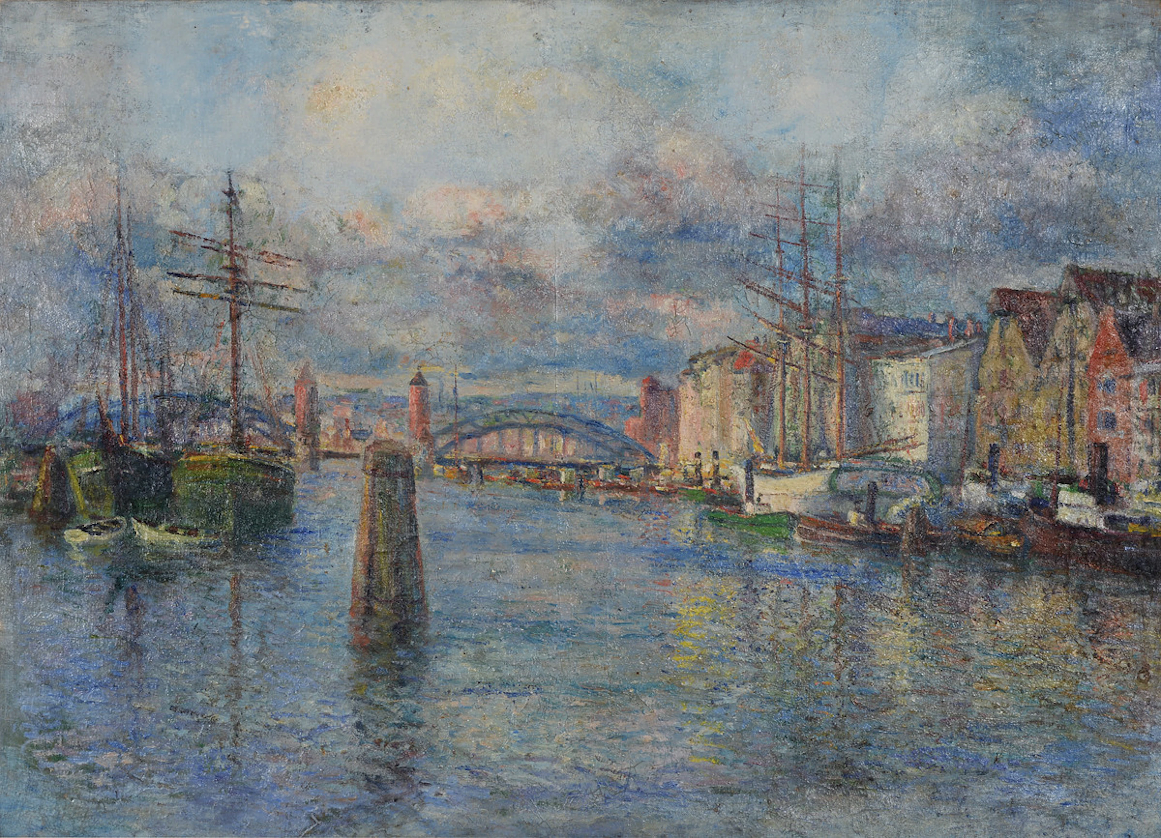 OTTO TARNOGROCKI. " Stettiner Hafen mit Blick auf die Baumbrücke ". Öl auf Leinwand. Datierung um 1910/20.