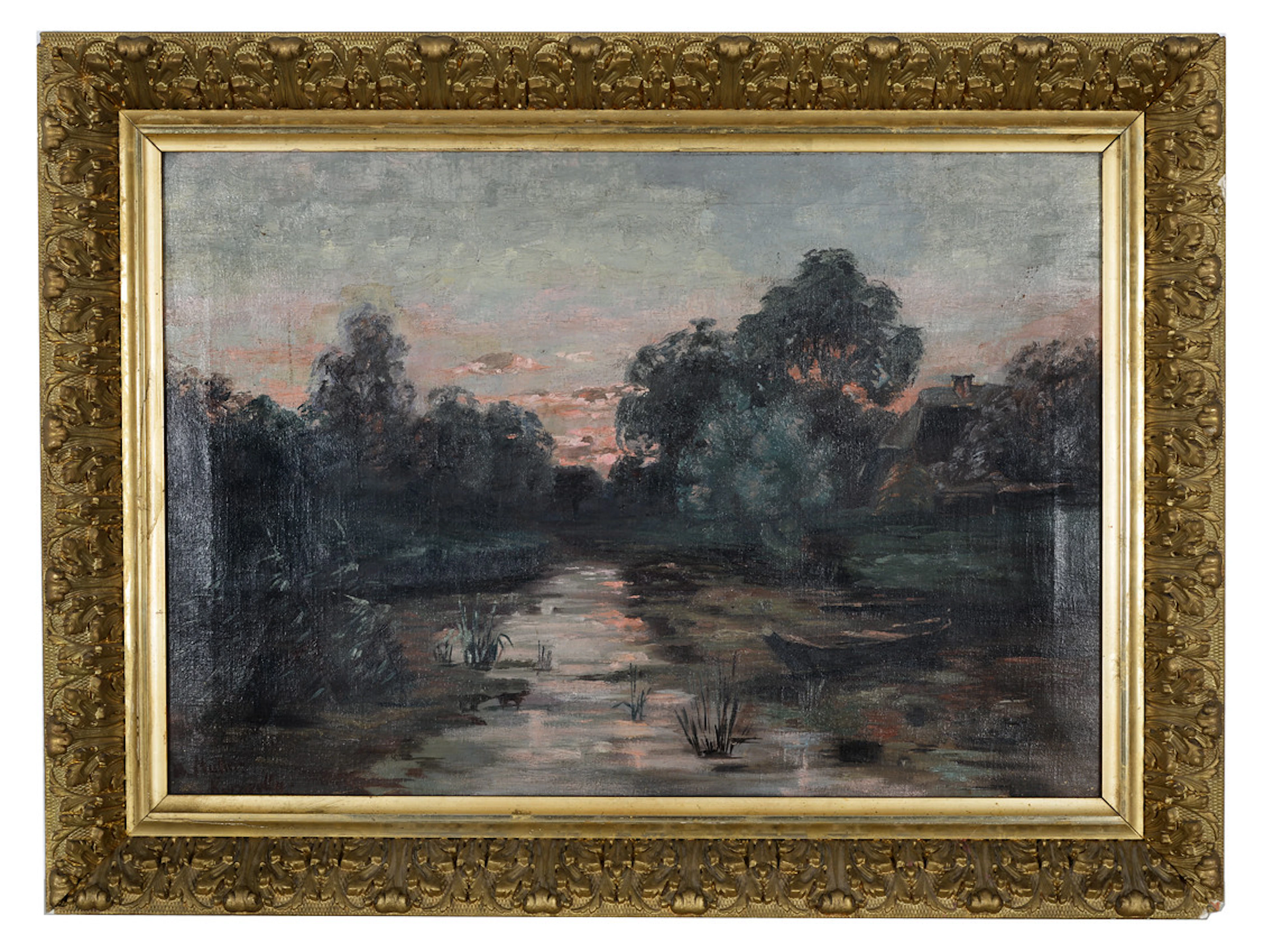KONRAD ALEXANDER MÜLLER-KURZWELLY. Sommerliche Abendstimmung mit Teich und Gehöft. Öl auf Leinwand.