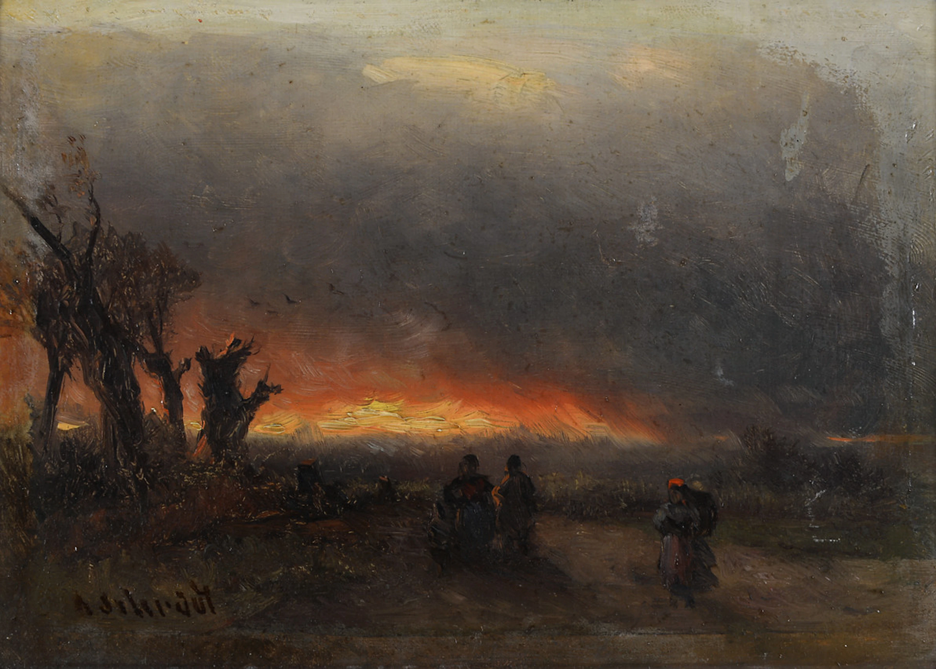 ANTON SCHRÖDL. Reissigsammler im Sonnenuntergang. Öl auf Holzplatte. Datierung um 1880.