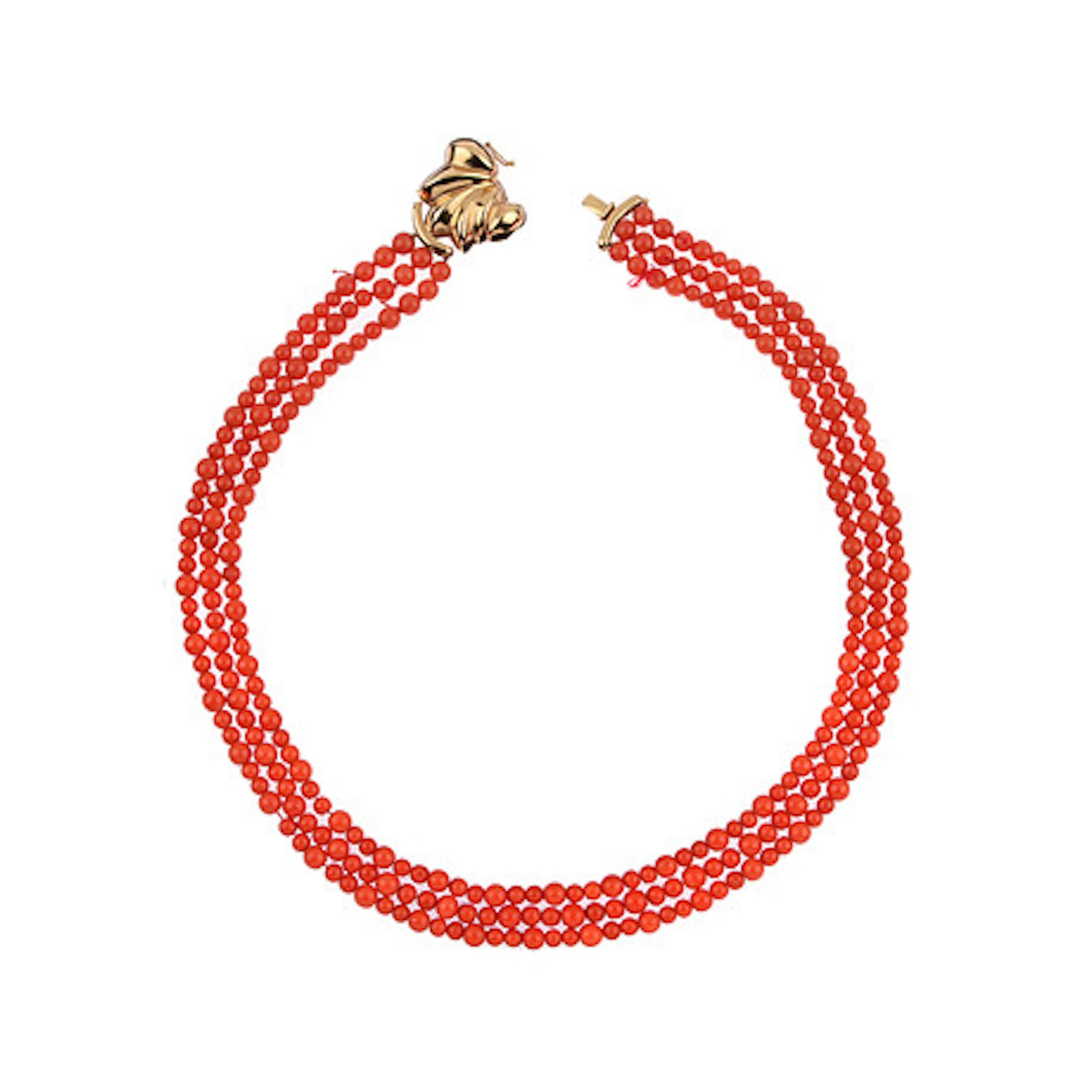 3-RAD KORALL HALSBAND. 750 gult guld lås.