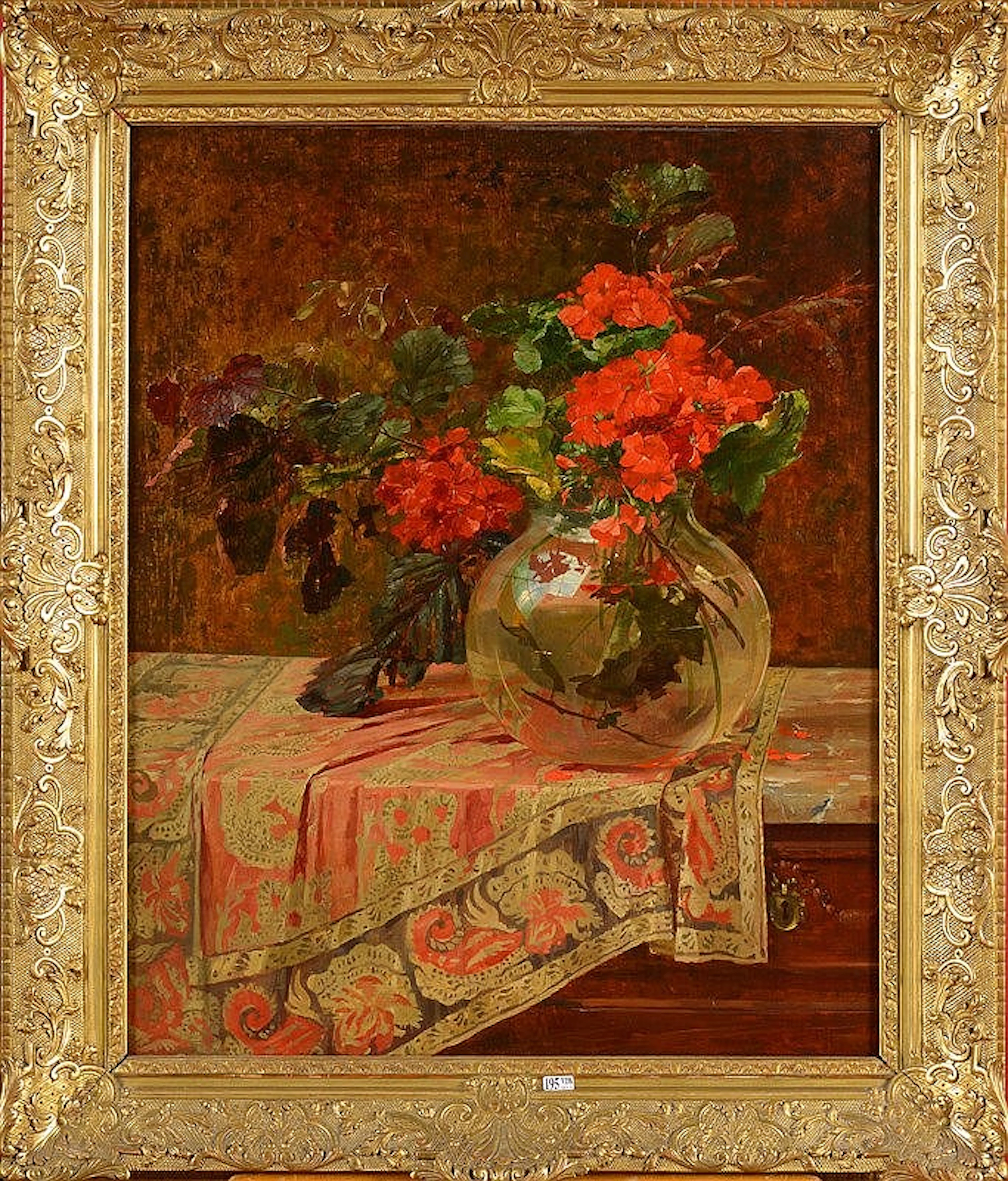 Huile sur toile "Vase de fleurs sur une commode". Signé au milieu à droite