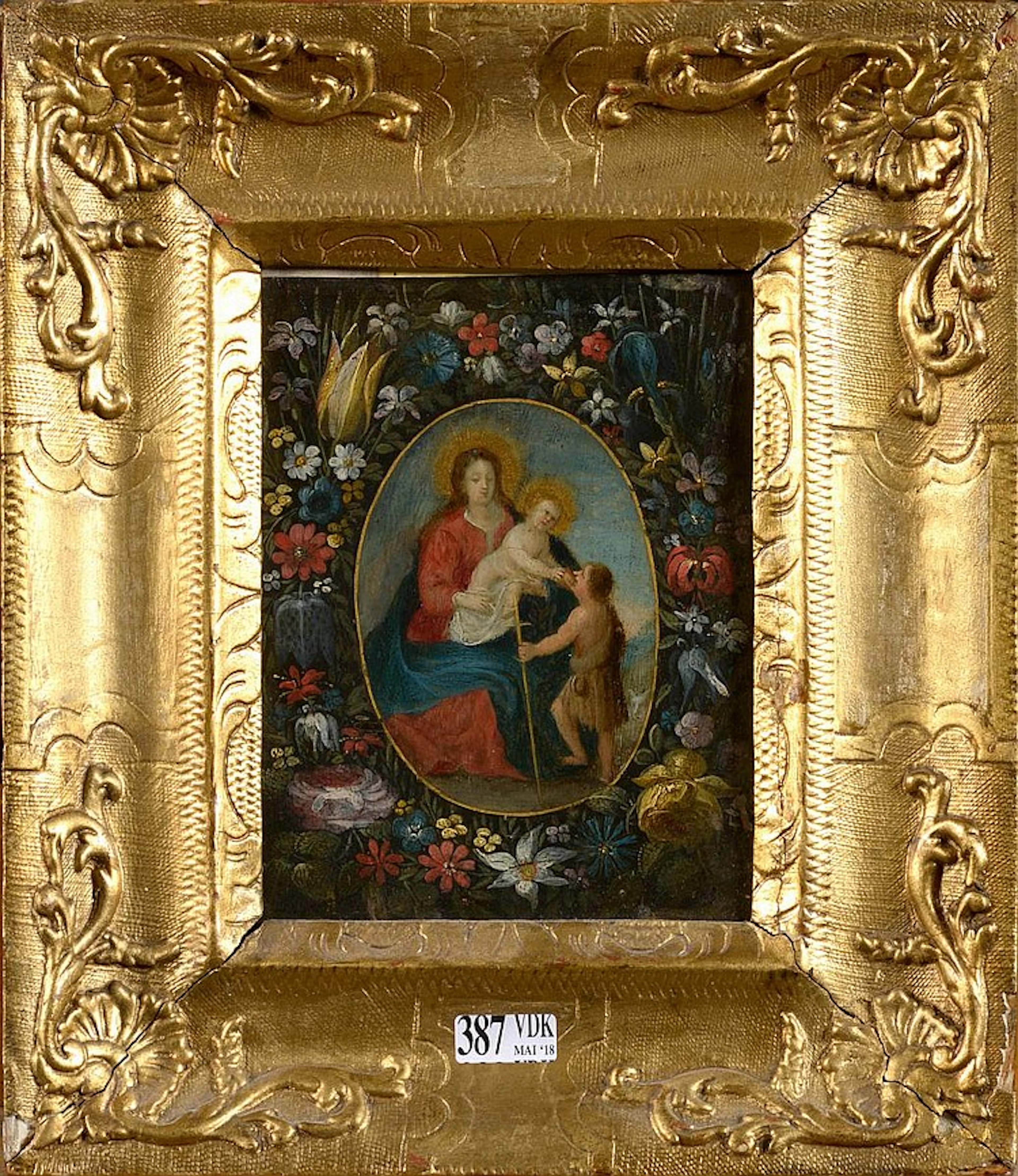Huile sur cuivre "Vierge à l'Enfant et saint...