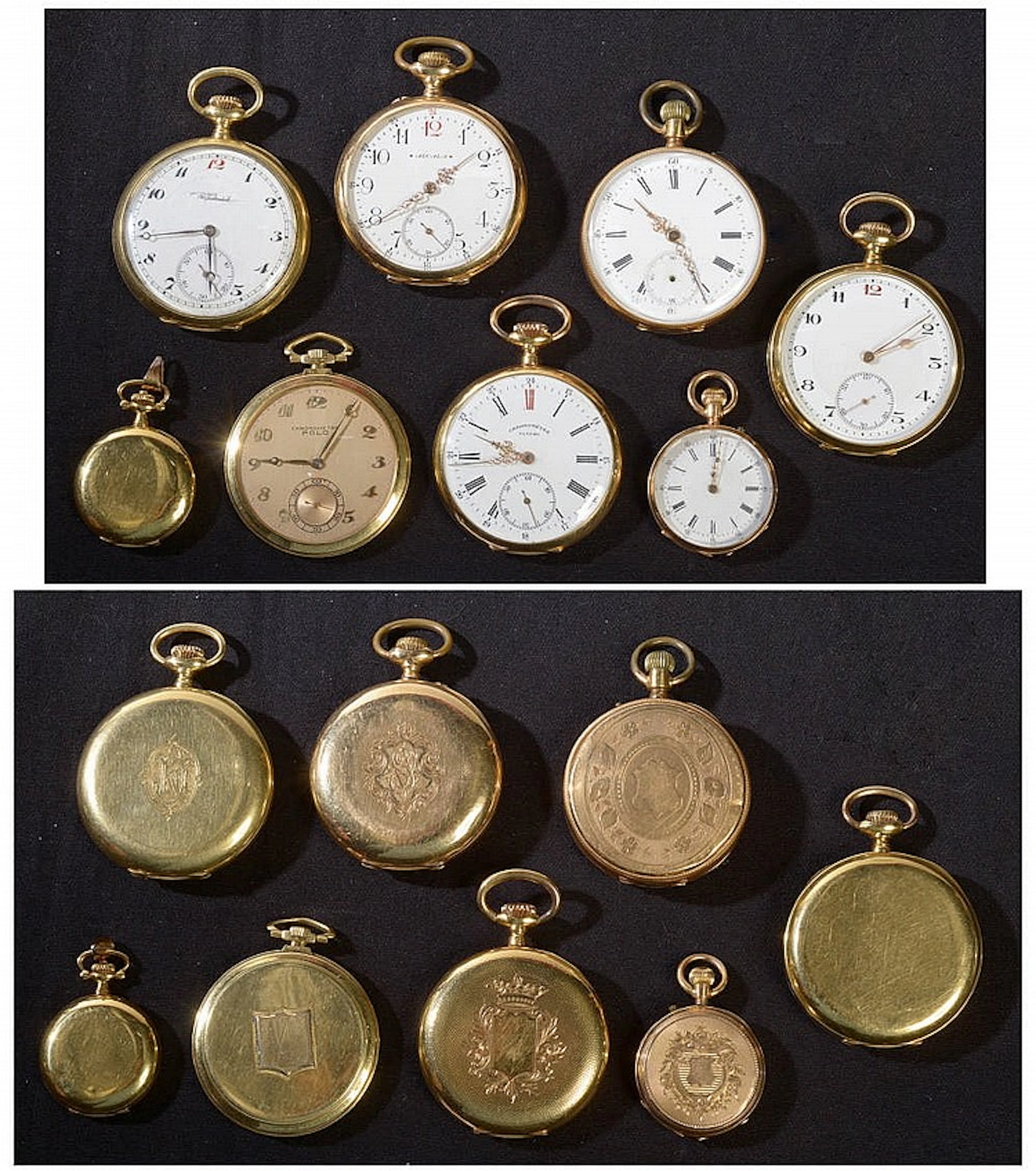Lot de huit montres gousset en or jaune 18 carats de marque Alcala, Polo,