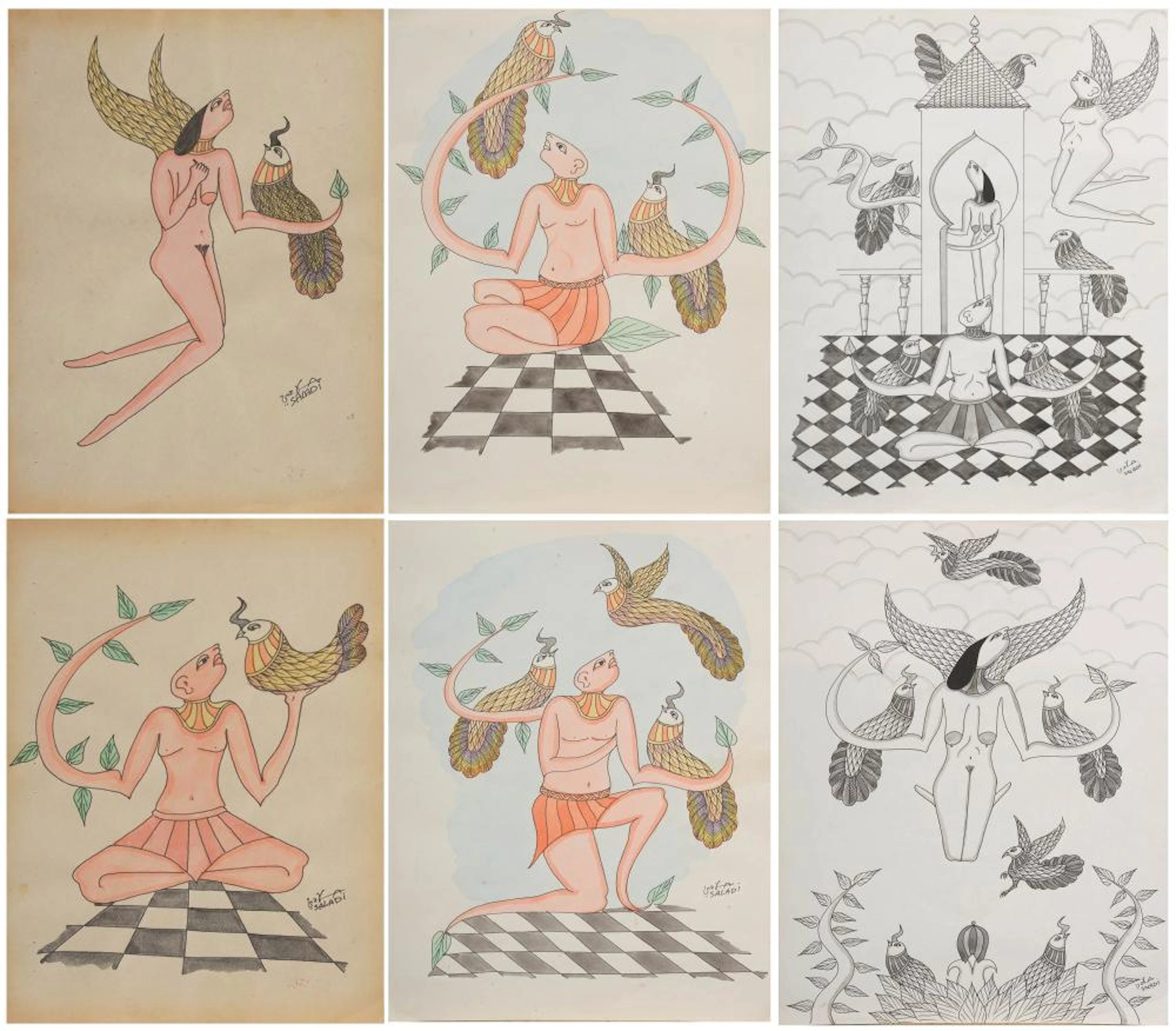 SALADI Abbès (1950 - 1992) - Lot de six dessins deux à la...