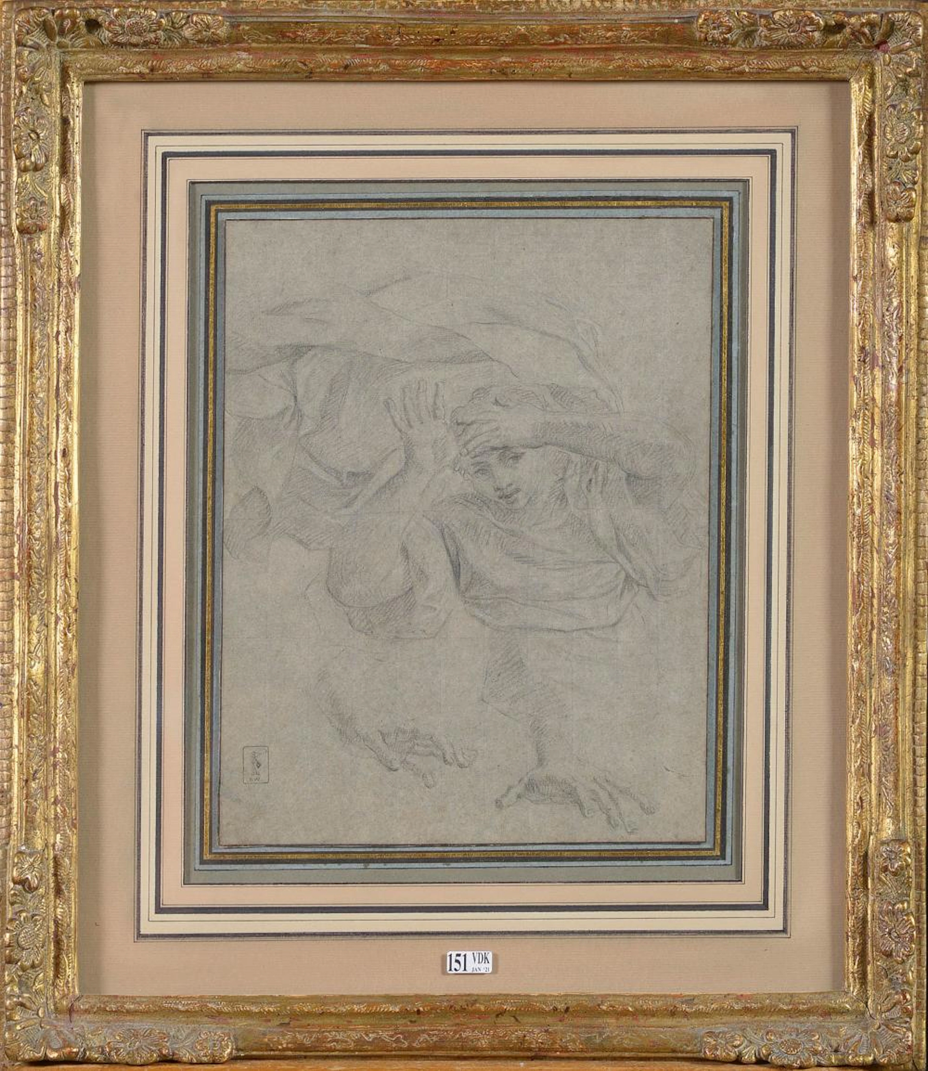 "Etude de figure et de mains" pierre noire rehaussé de blanc sur papier ver