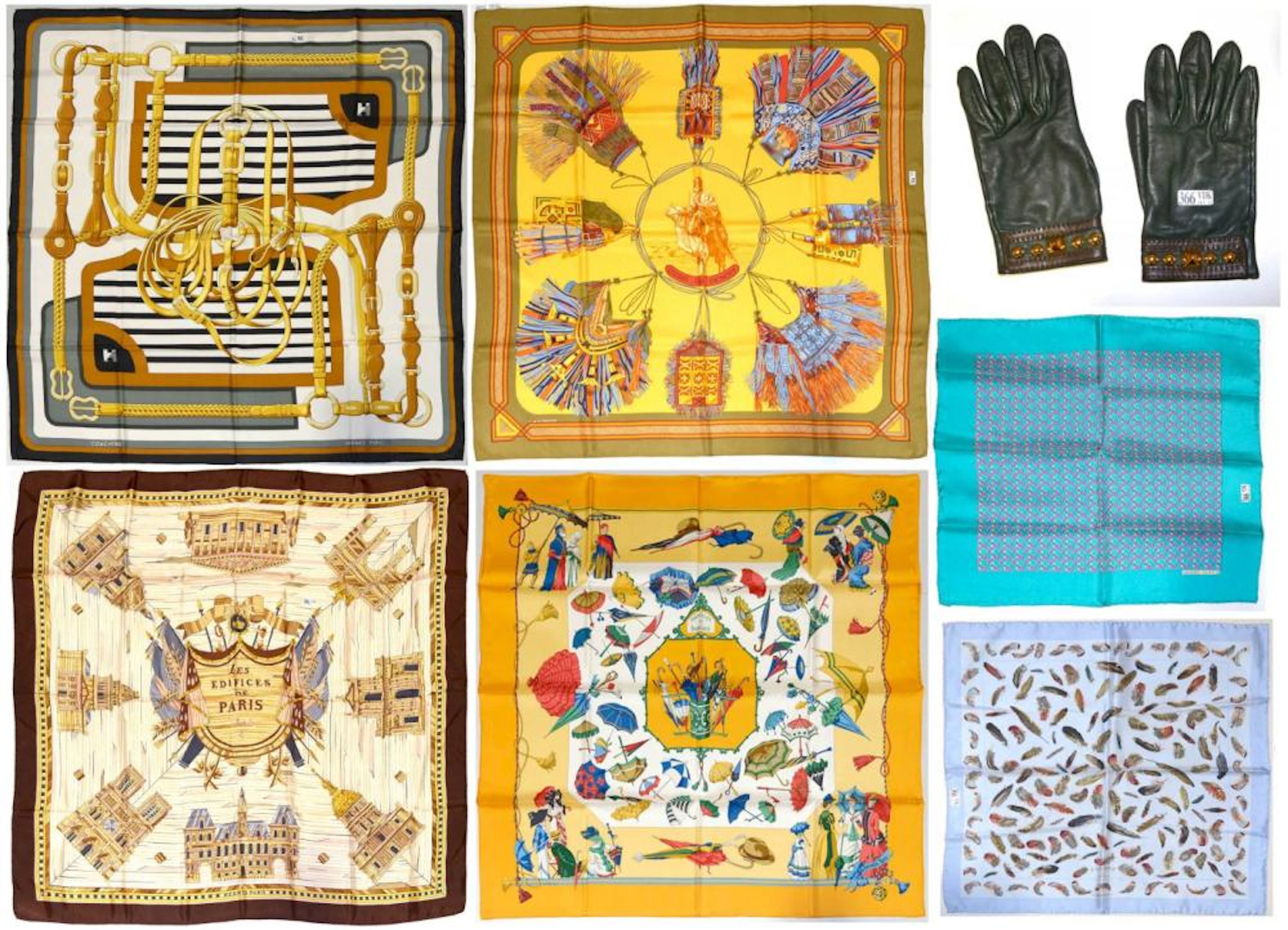 Six foulards de marque Hermès "Les édifices de Paris"