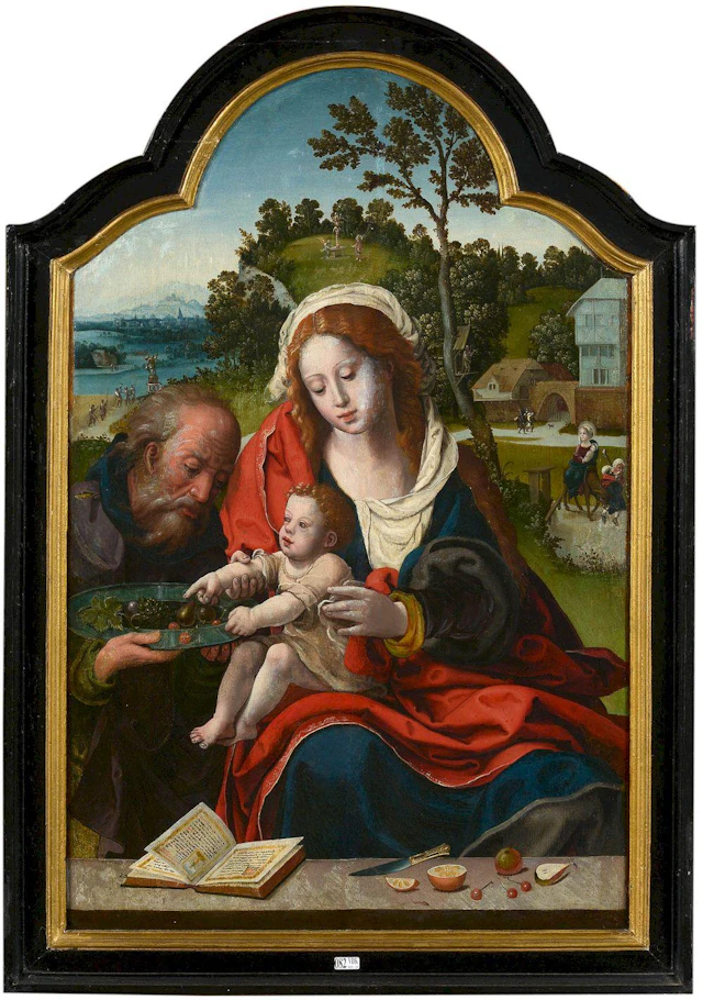 Huile sur panneau de chêne renforcé "La Sainte Famille sur fond de paysage"
