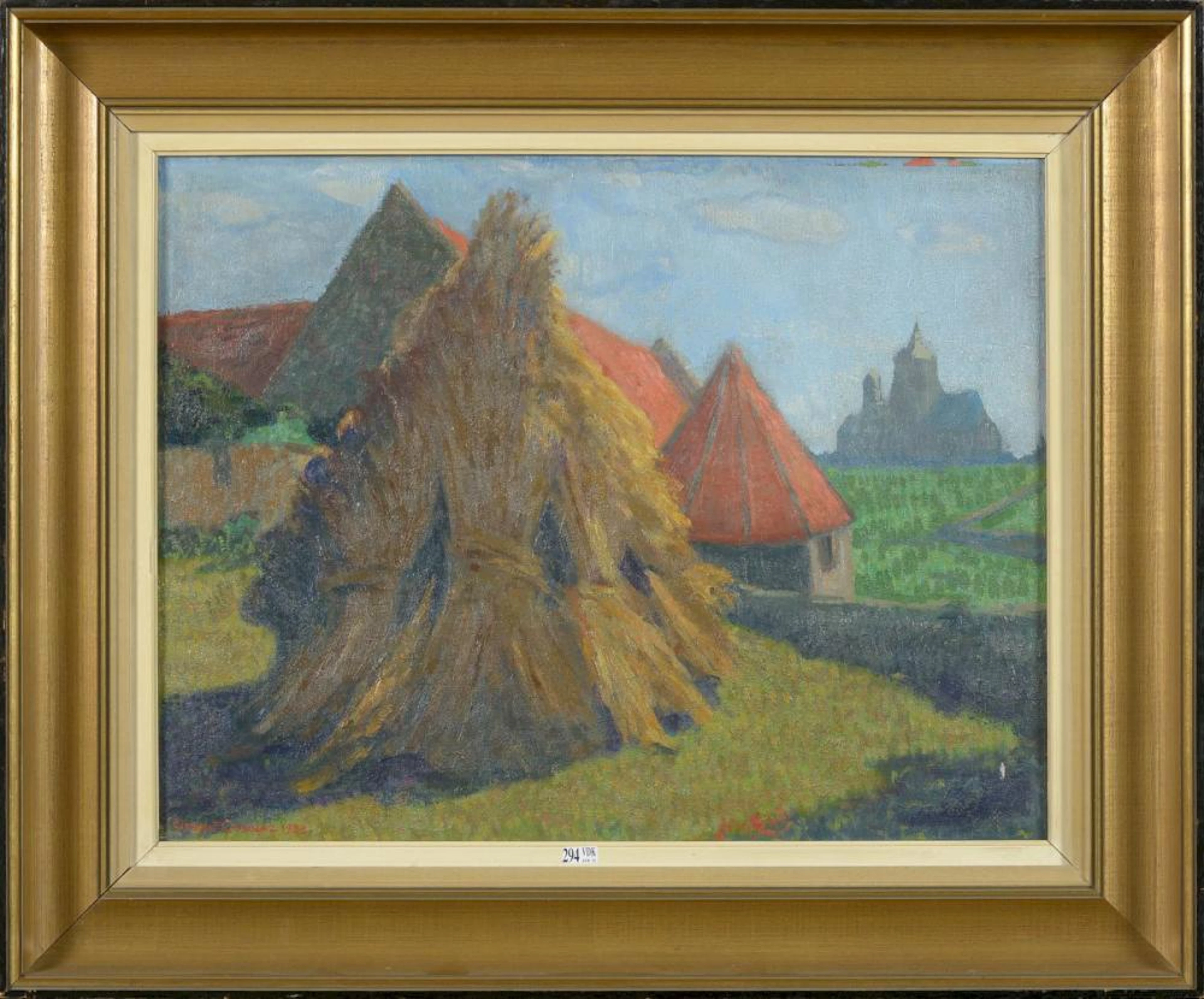 Huile sur toile "Meule de foin sur fond de paysage à l'église"