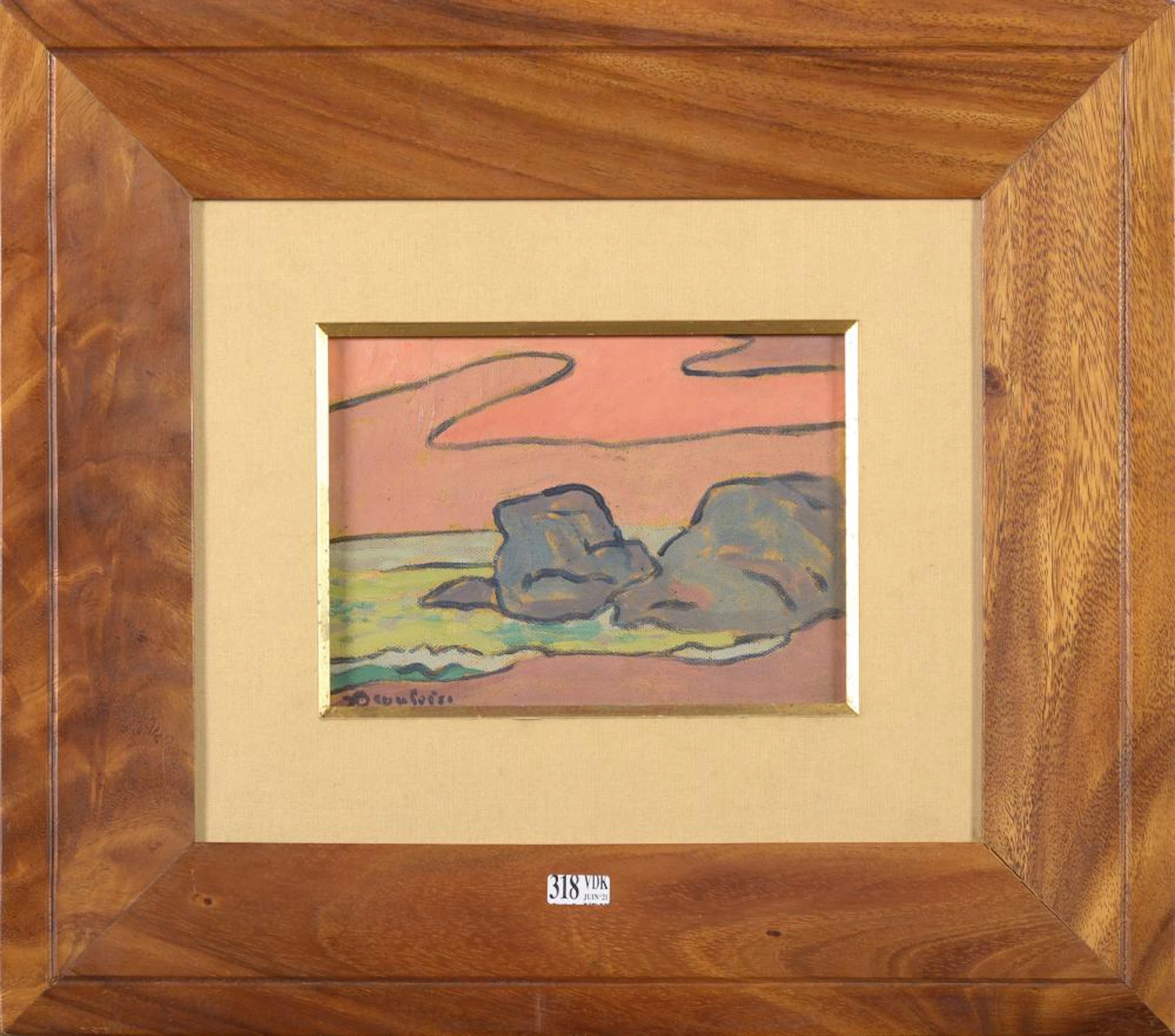 Tableaux Huile sur toile "Rochers sur la côte, mer jaune". Signé en bas