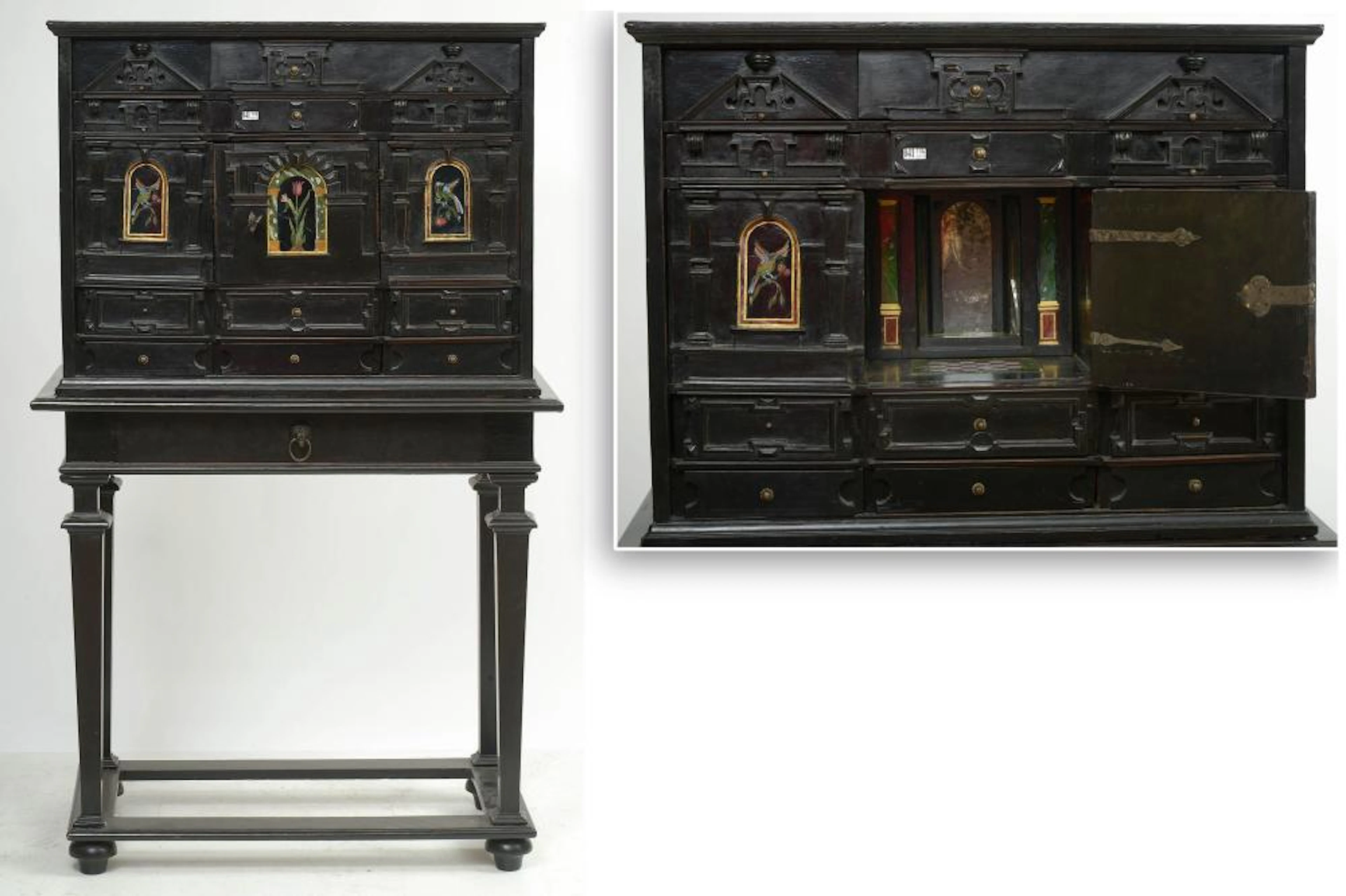 Mobilier Petit cabinet en bois noirci décoré de plaques églomisées à déc