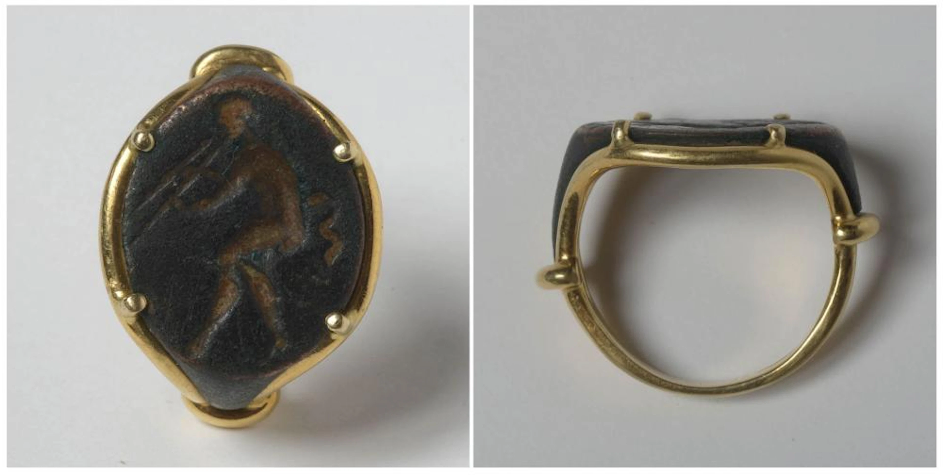 Fragment de bague romaine sertie d'une intaille en bronze...