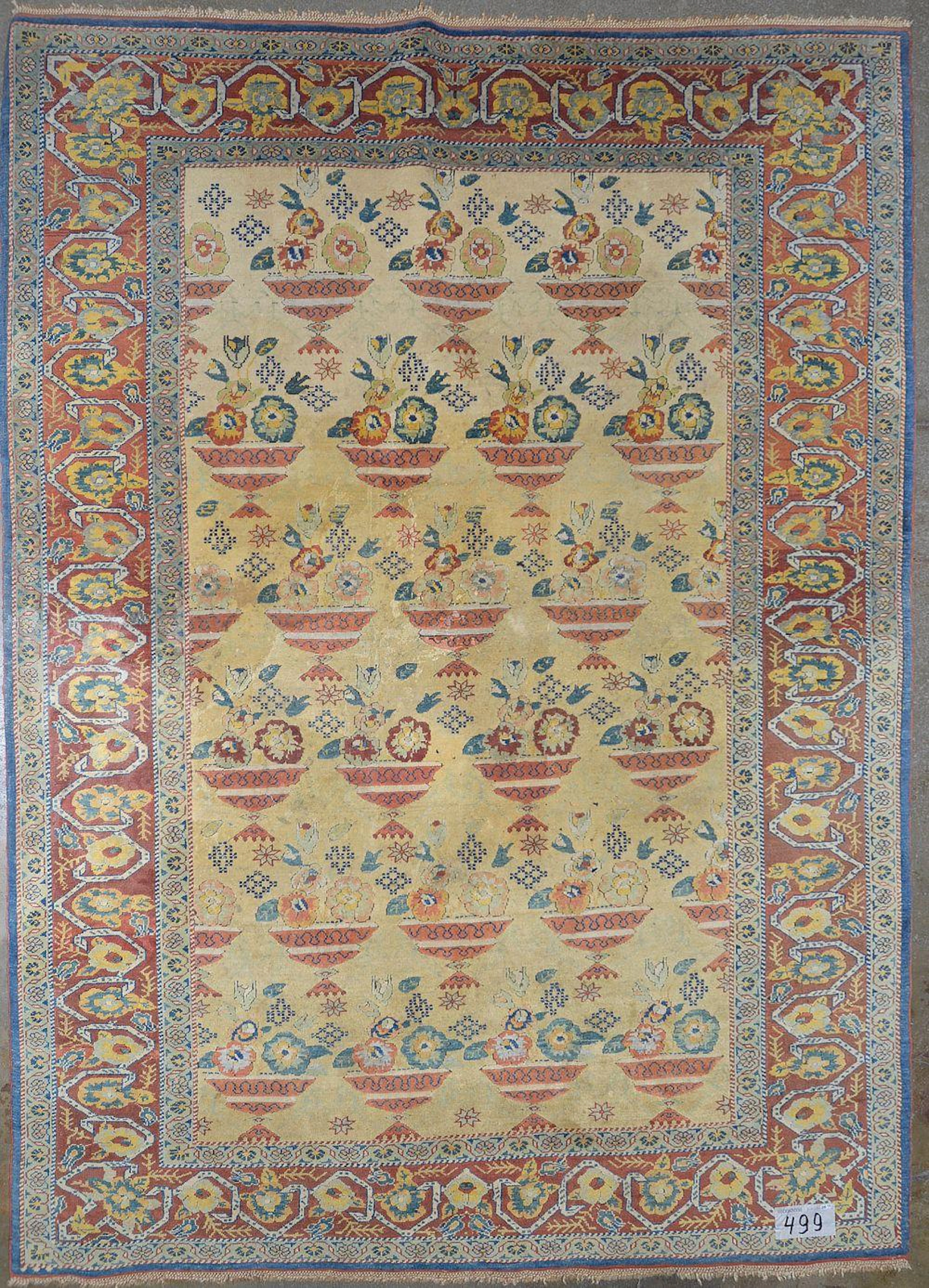 Grand tapis en laine fait main à décor de "Vases fleuris" sur fond jaune