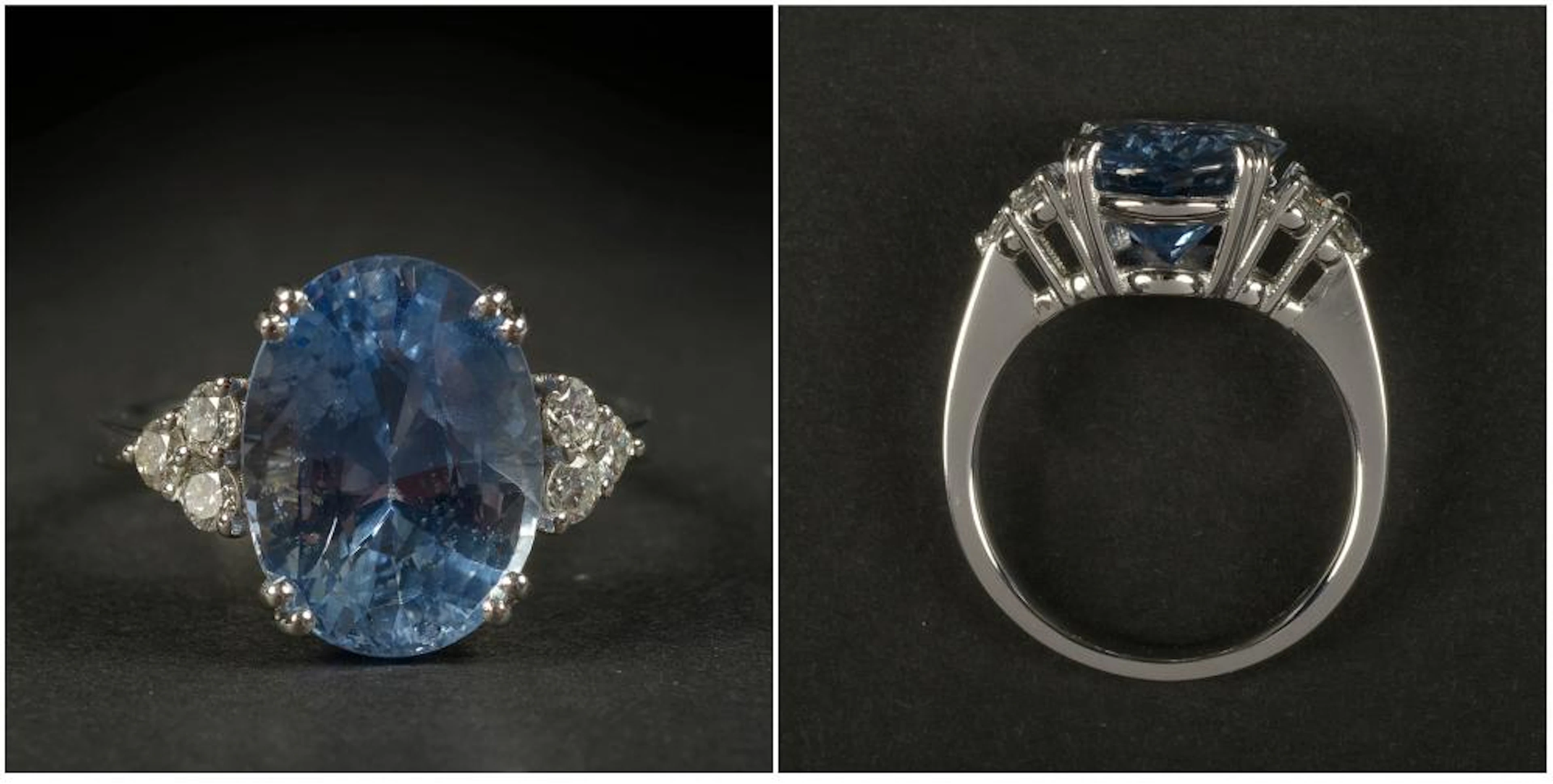 Bague en or blanc 18 carats sertie d'un saphir bleu naturel taill