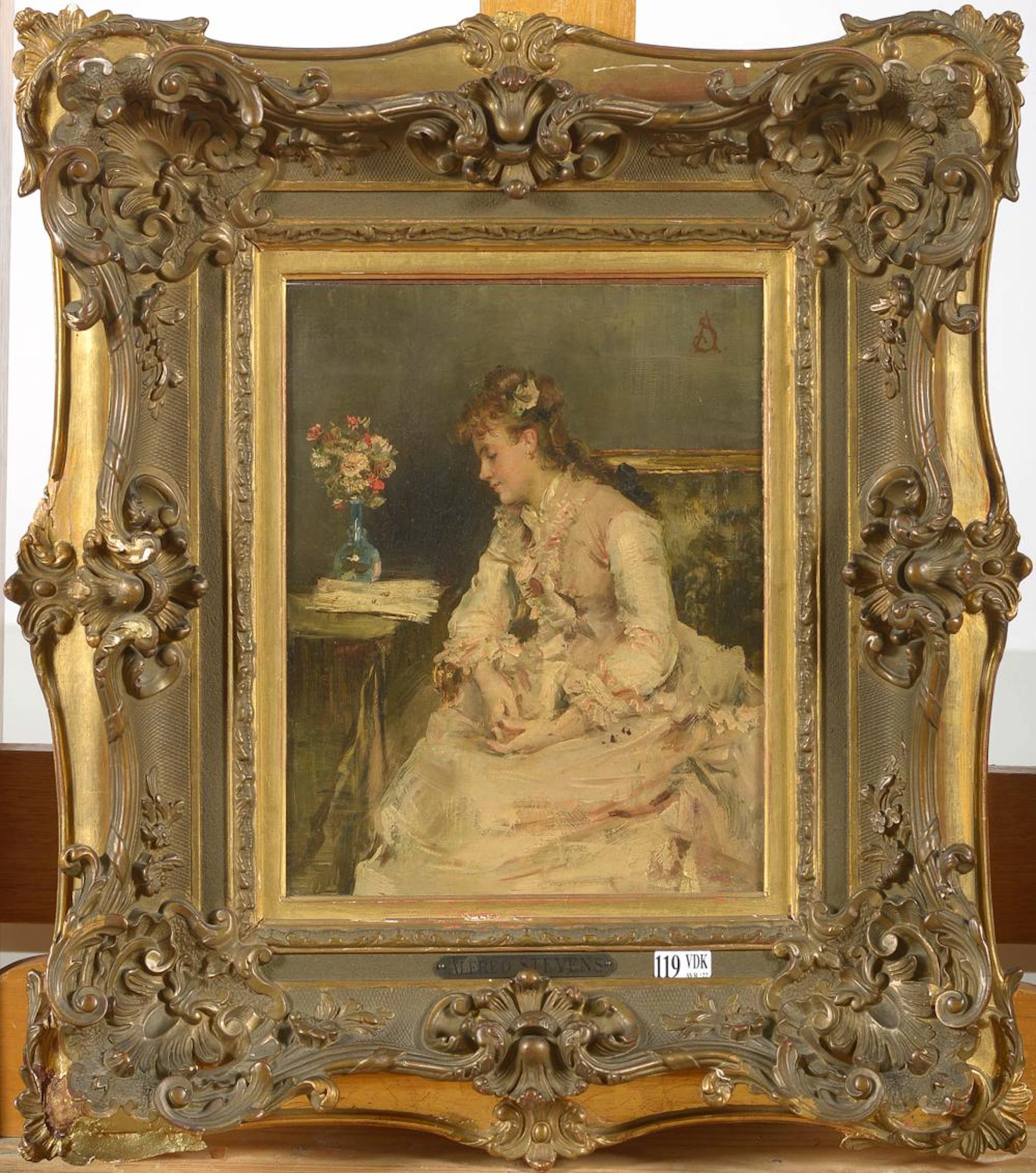 Tableaux STEVENS Alfred (1823 - 1906) Huile sur panneau "La liseuse rose"