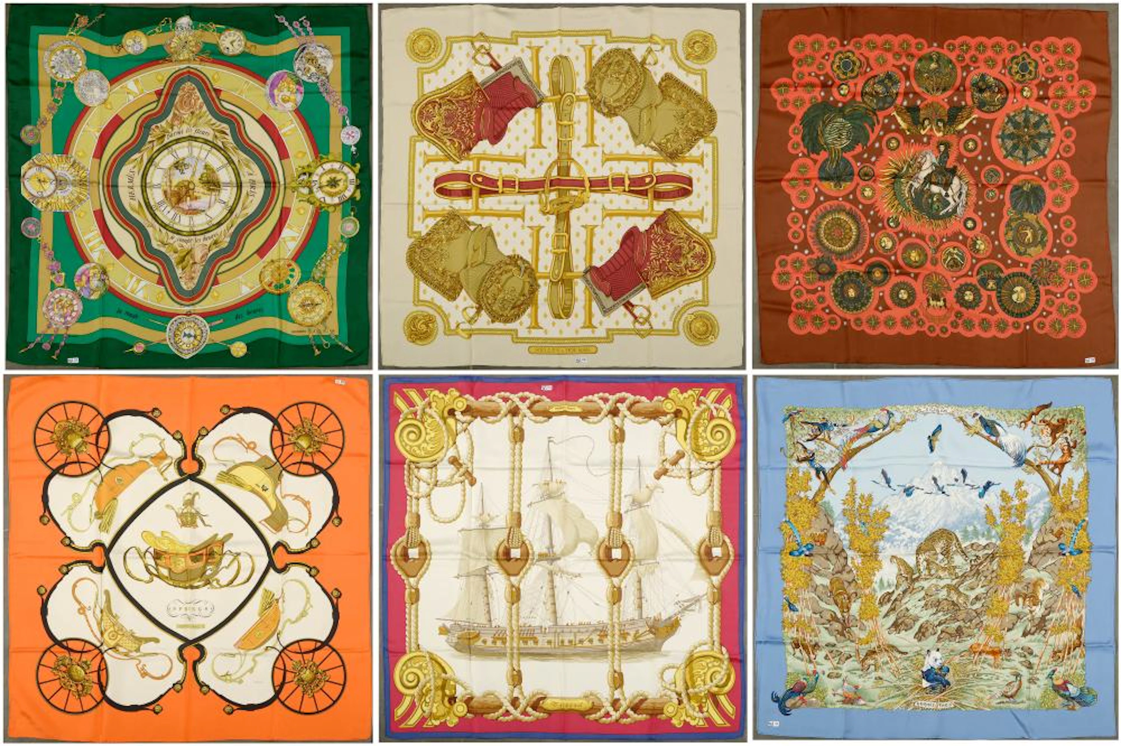 Vintage et Haute Couture HERMES - PARIS Lot de six carrés...
