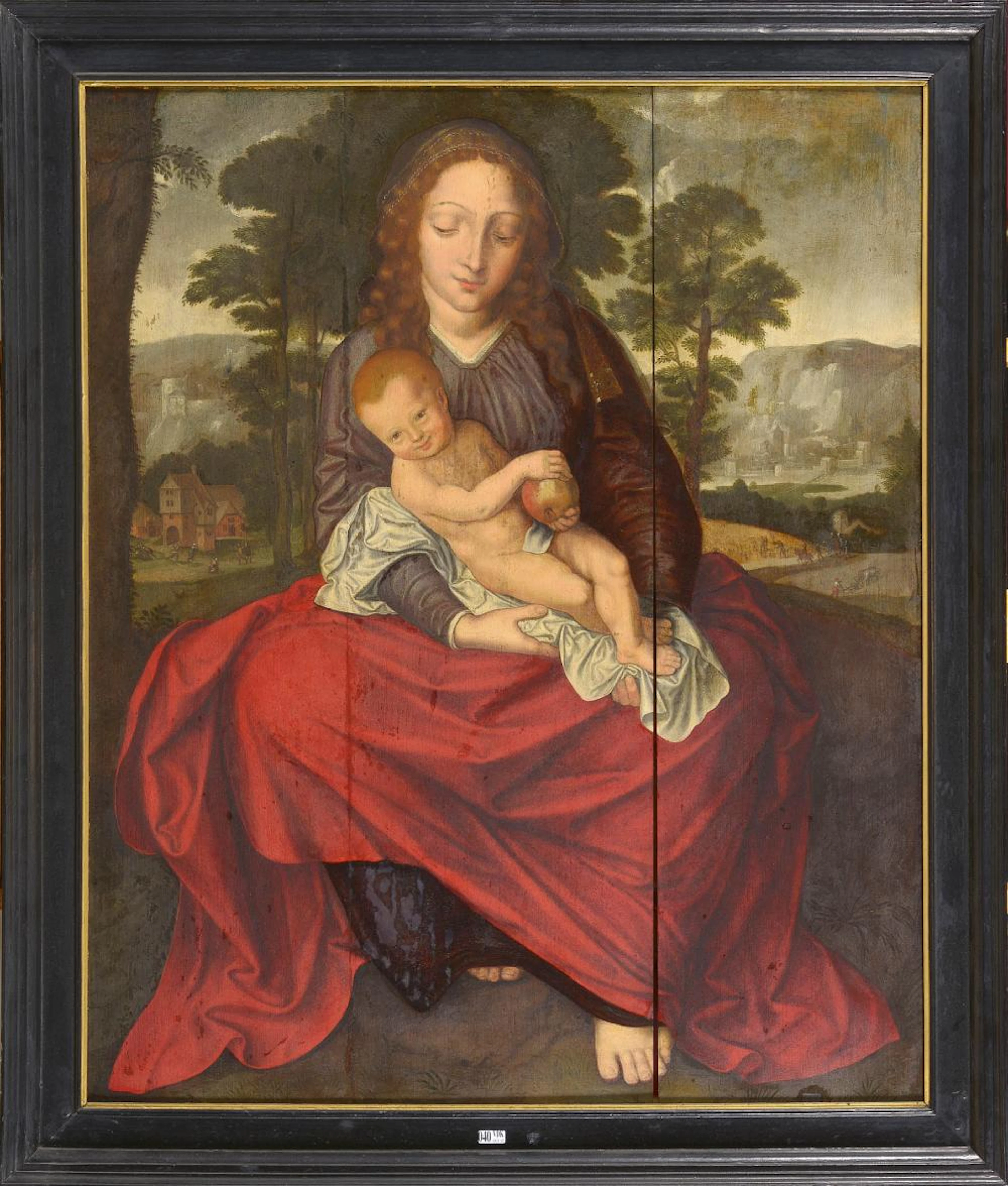Tableaux Huile sur panneau de chêne "Vierge à l'enfant sur fond de paysage"