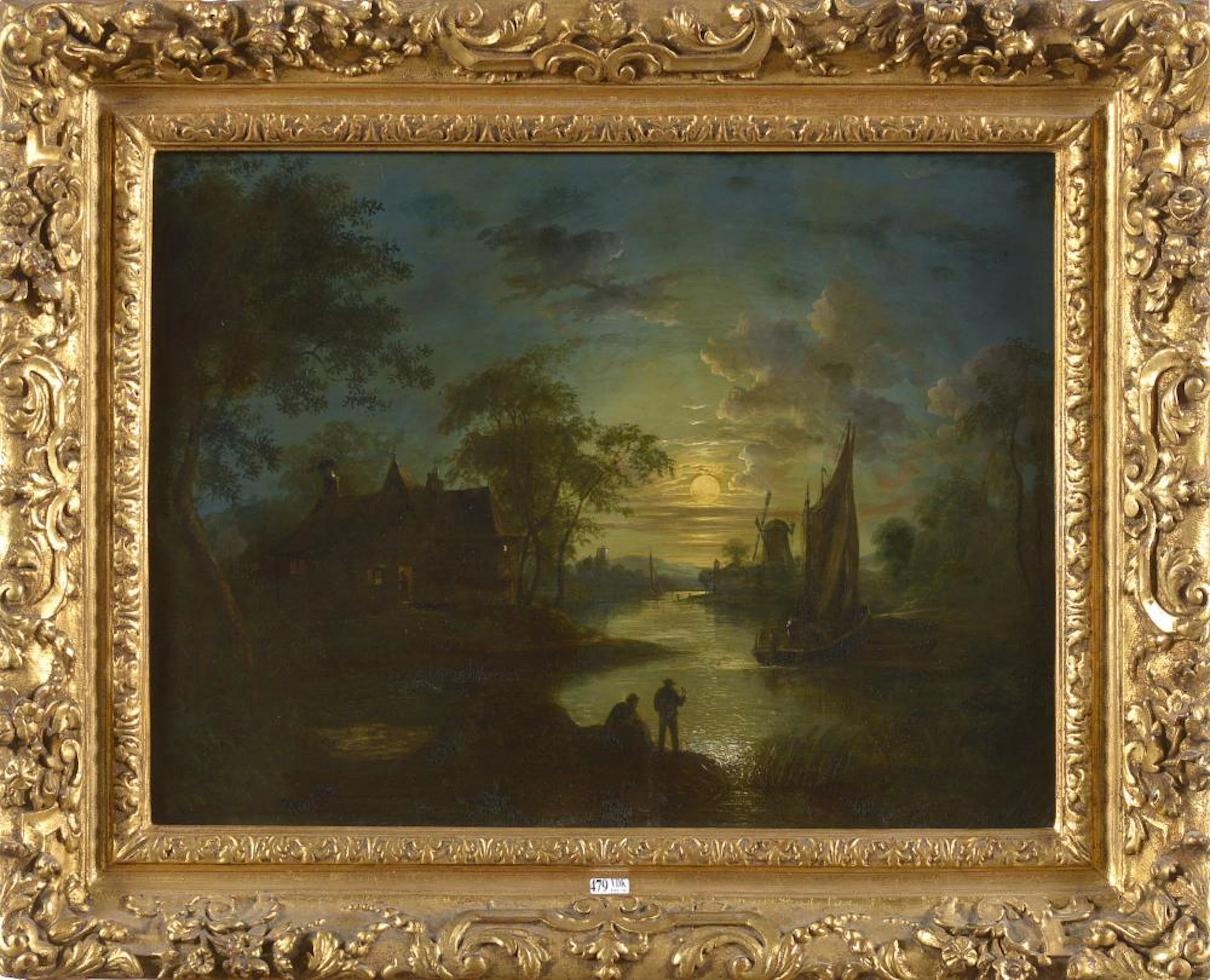 Huile sur ardoise "Paysage lacustre animé au clair?