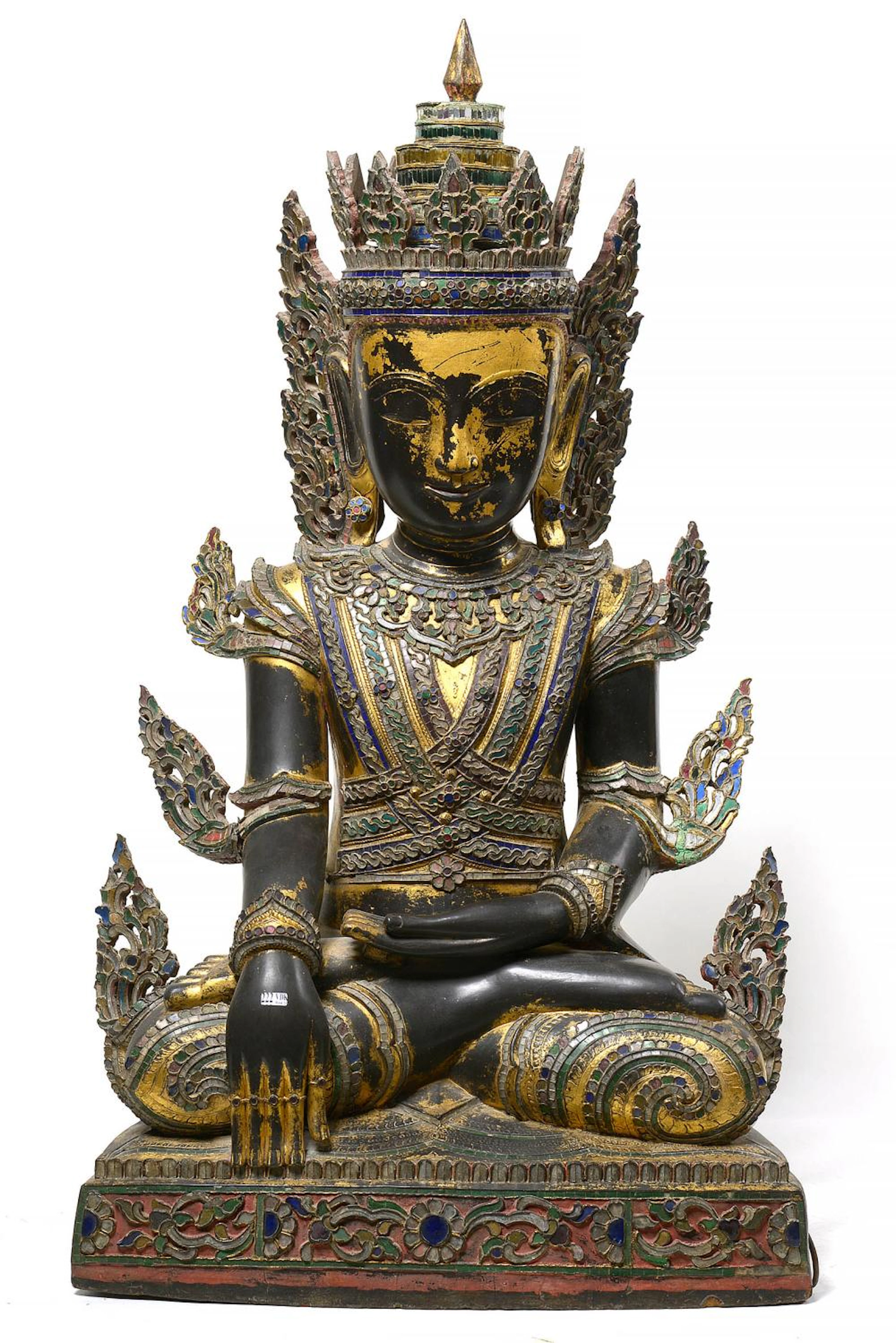 Important "Bouddha assis" en papier maché et bois