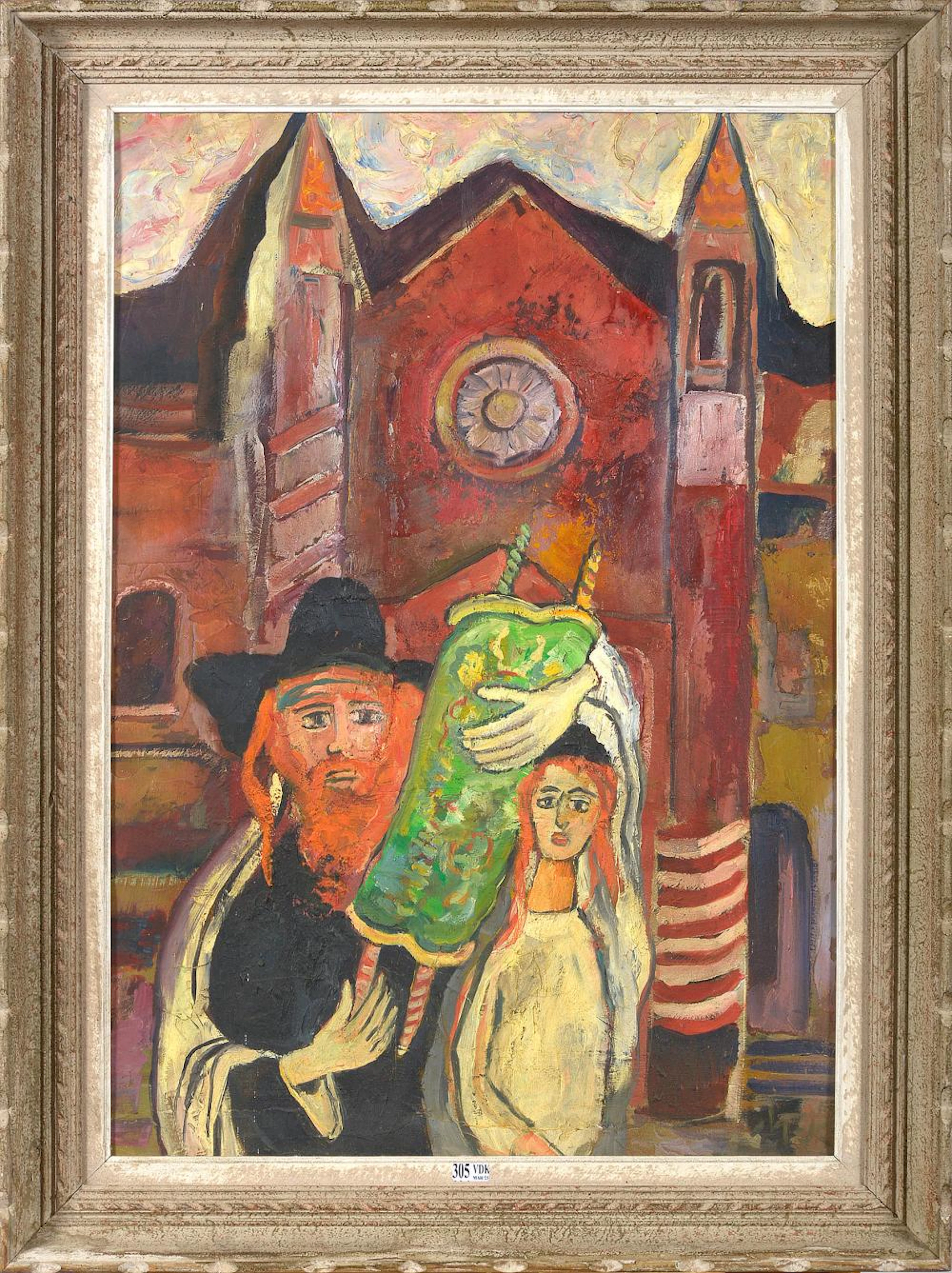Huile sur carton "Le rabbin tenant la Torah devant la synagogue"
