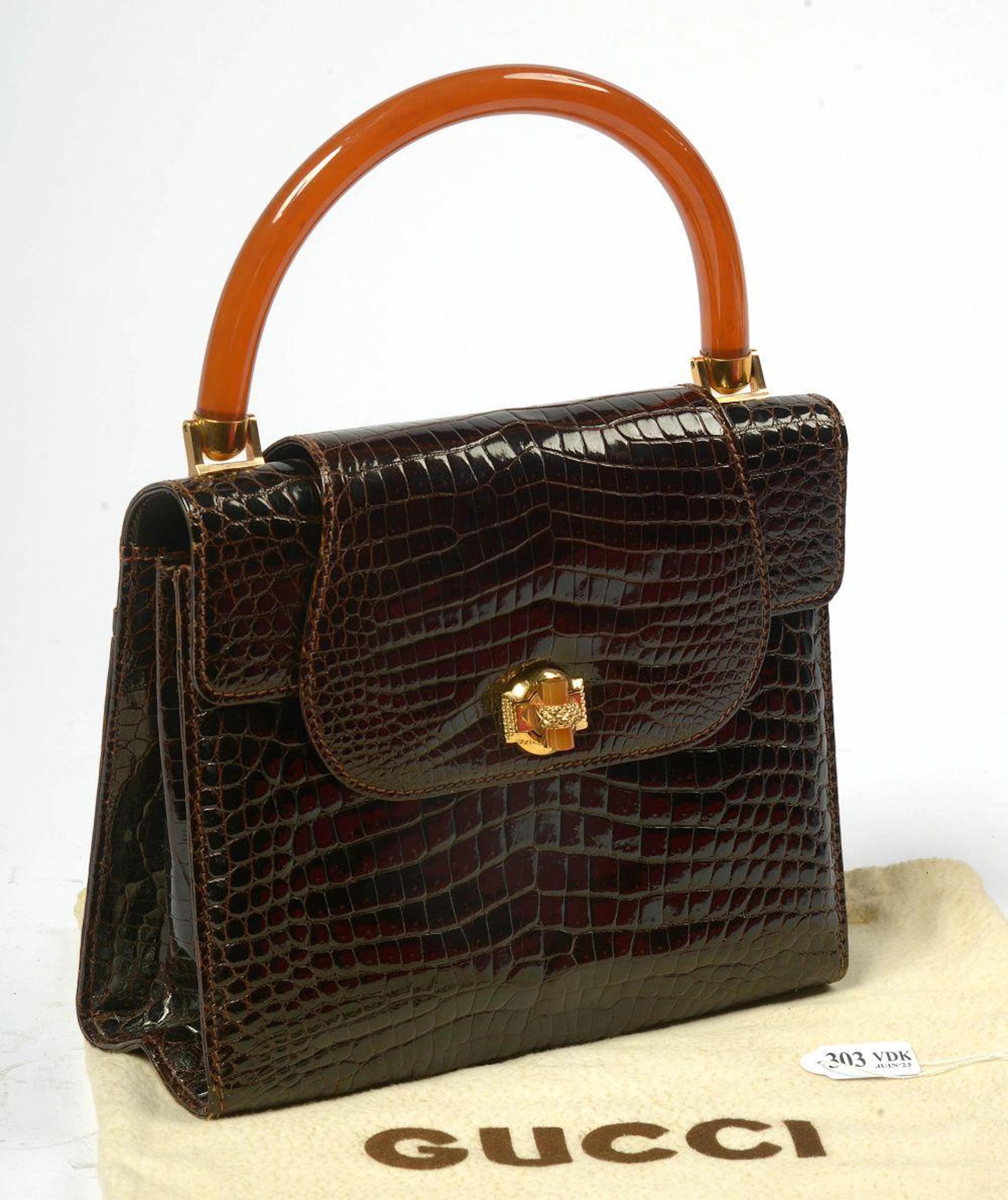 GUCCI SAC À MAIN VINTAGE EN CUIR DE CROCODILE BRUN DE...