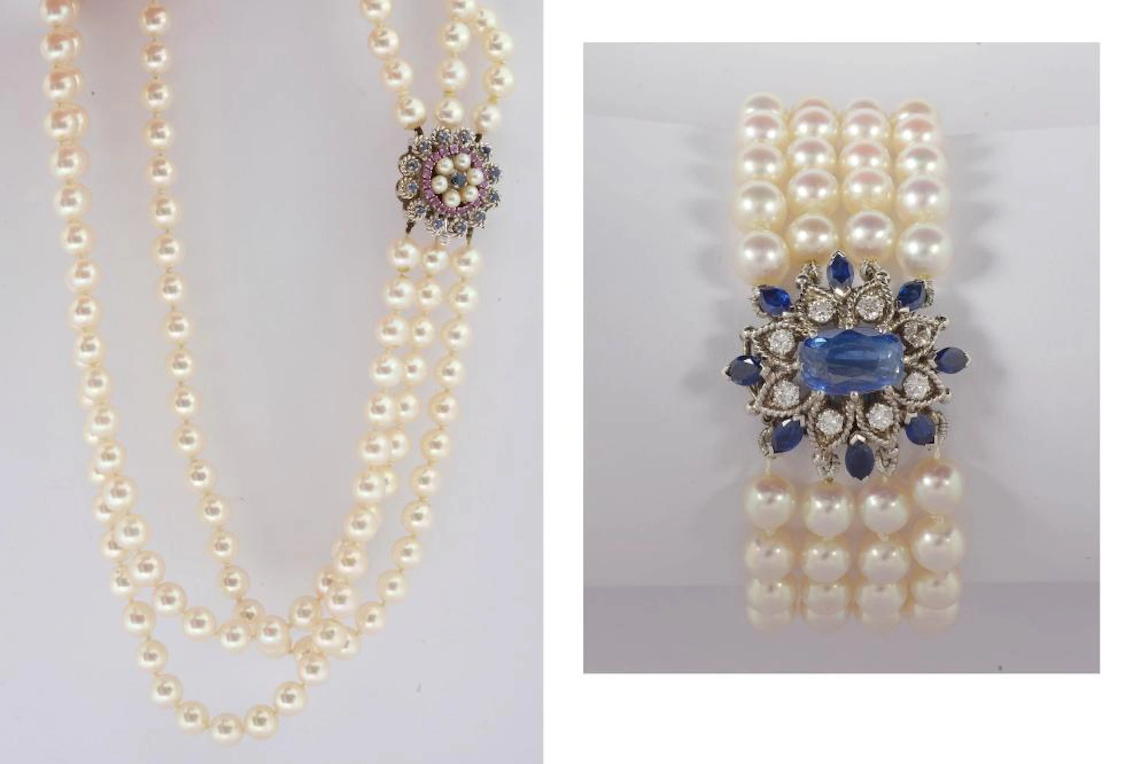 Joaillerie Deux bijoux: Un bracelet à 4 rangs de perles en platine s