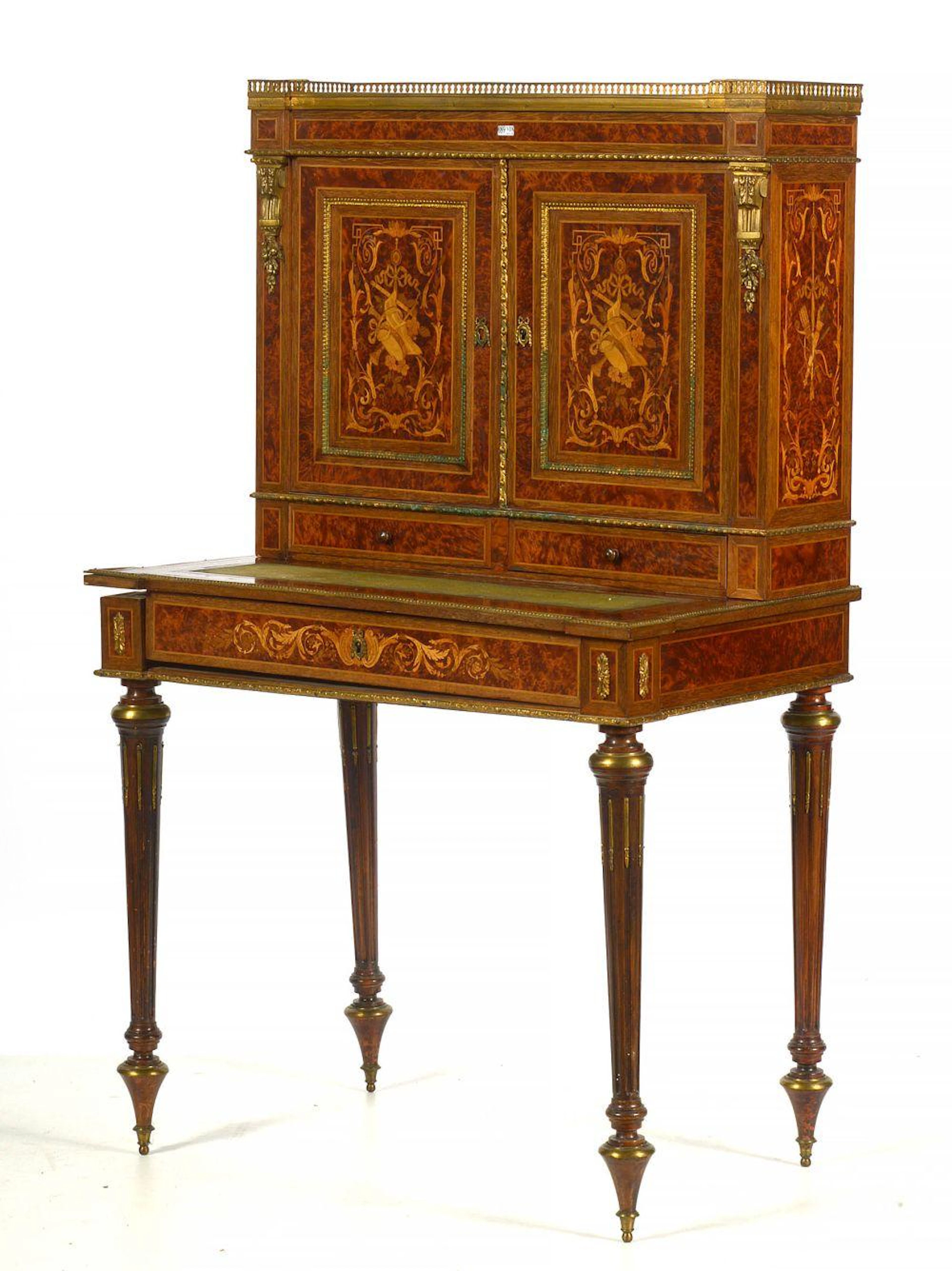 Bonheur-du-jour Napoléon III en bois de placage et marqueterie à décor de
