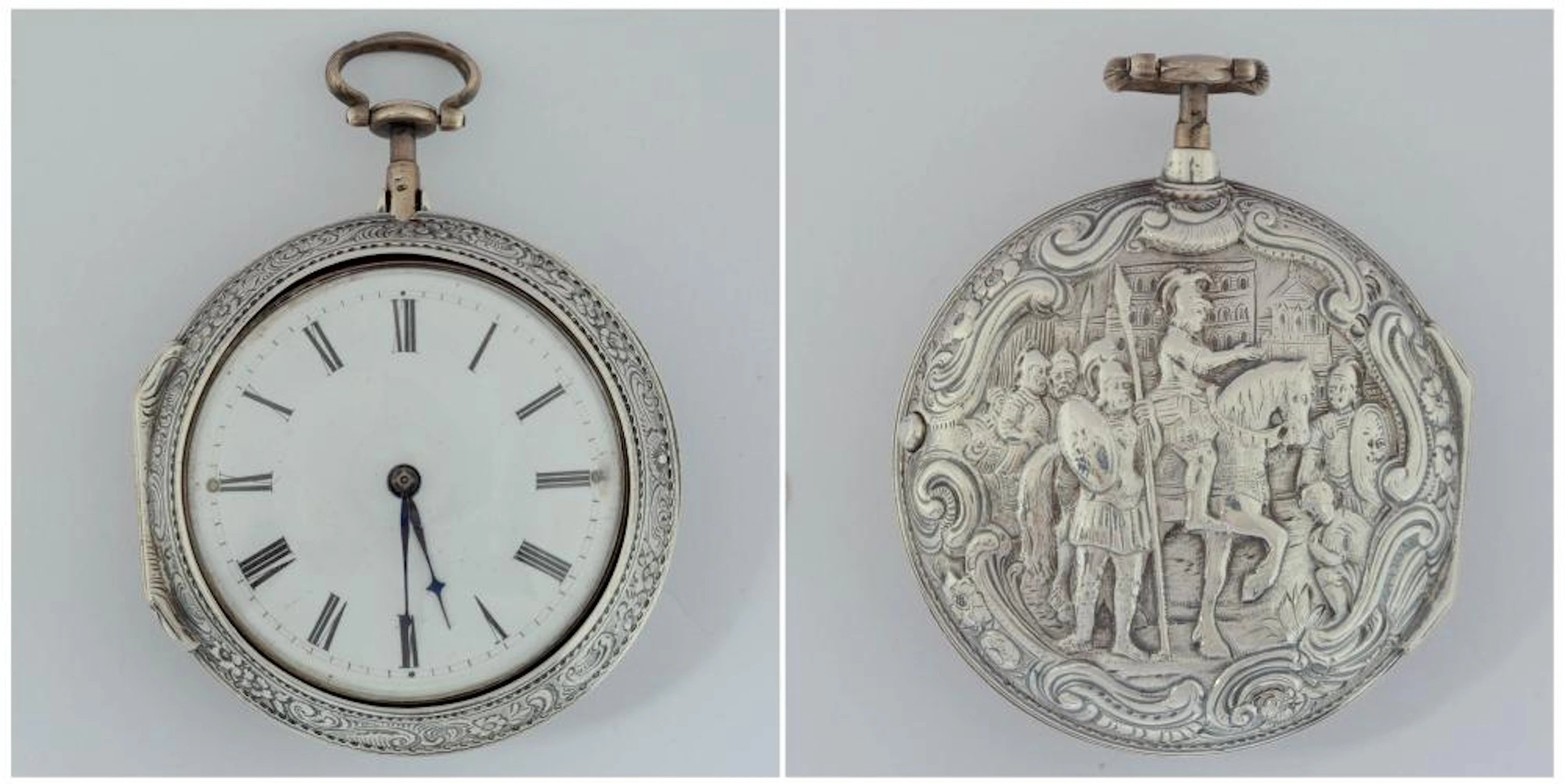 Grande montre gousset en argent et cadran émaillé et au décor gravé des ar