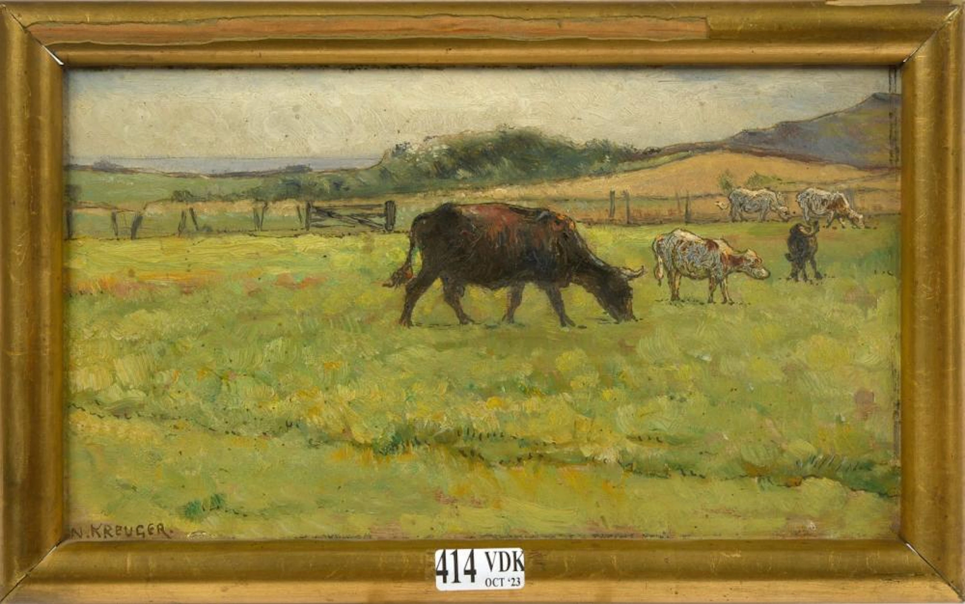 KREUGER Nils (1858 - 1930) Huile sur panneau "Les vaches au pré". Signé e