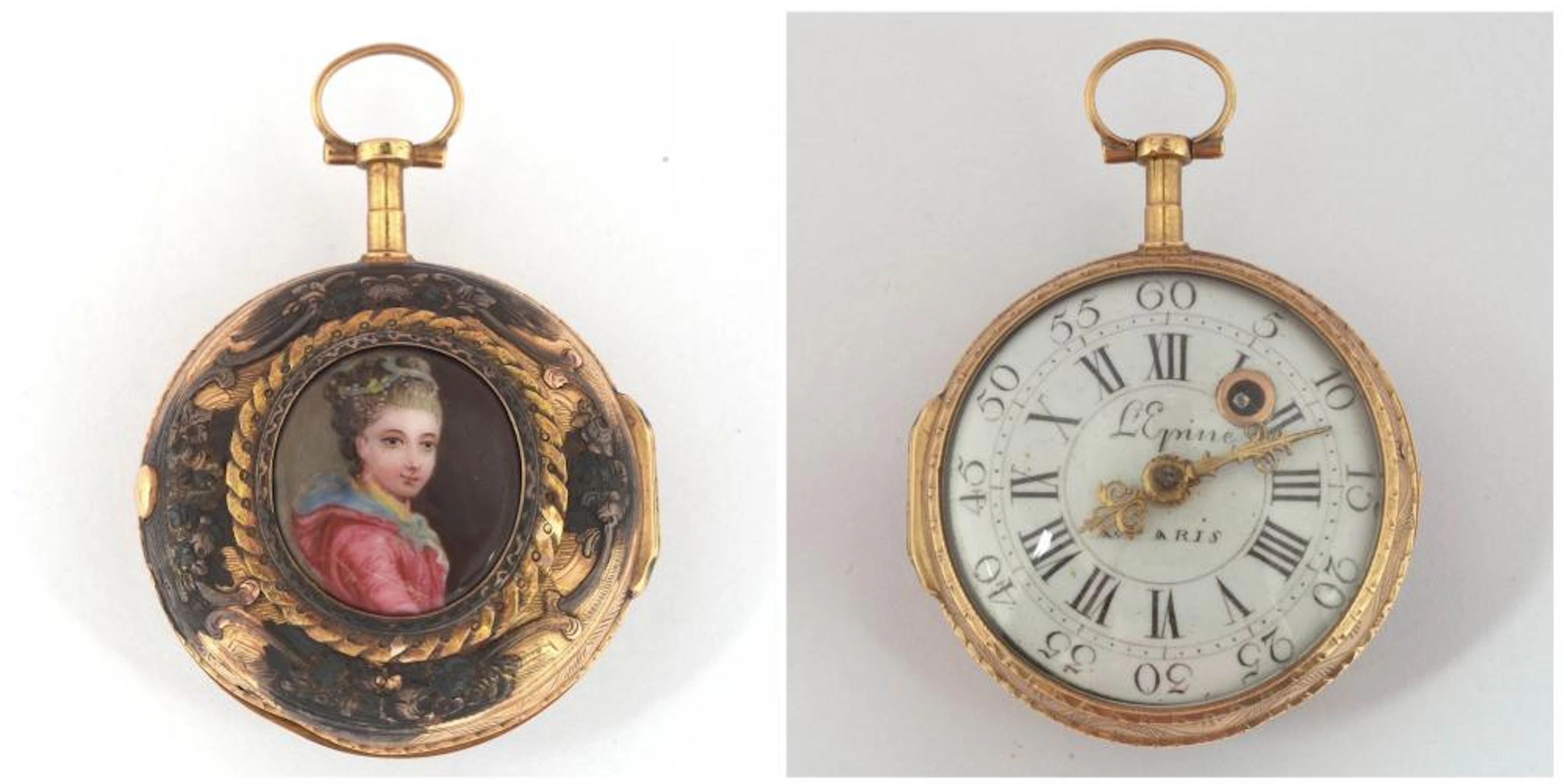 Montre gousset en or jaune décorée au dos d'un portrait en médaillon. Cadr