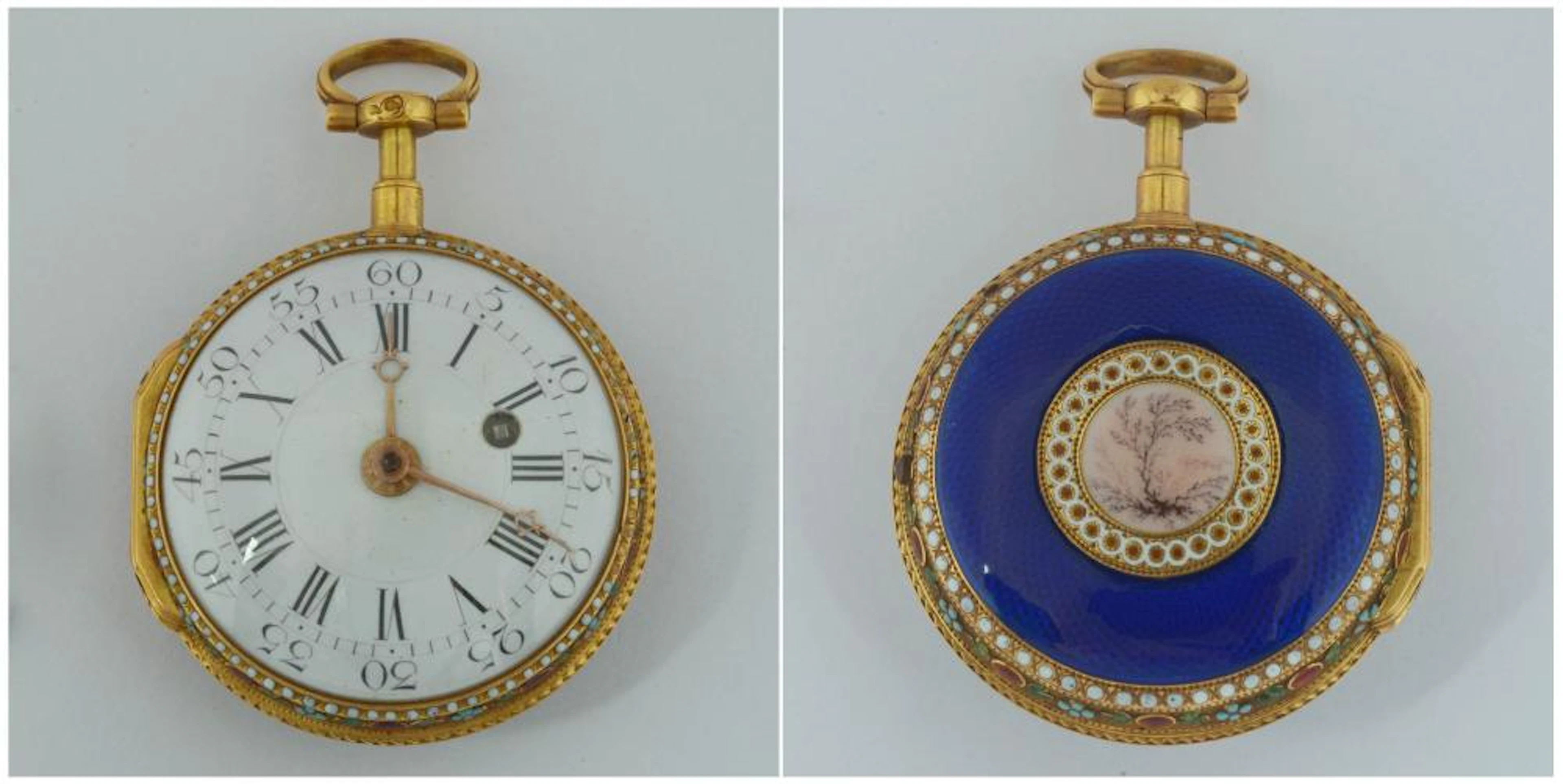 Montre gousset en or jaune et émail bleu sur fond guilloché. Cadran émaill