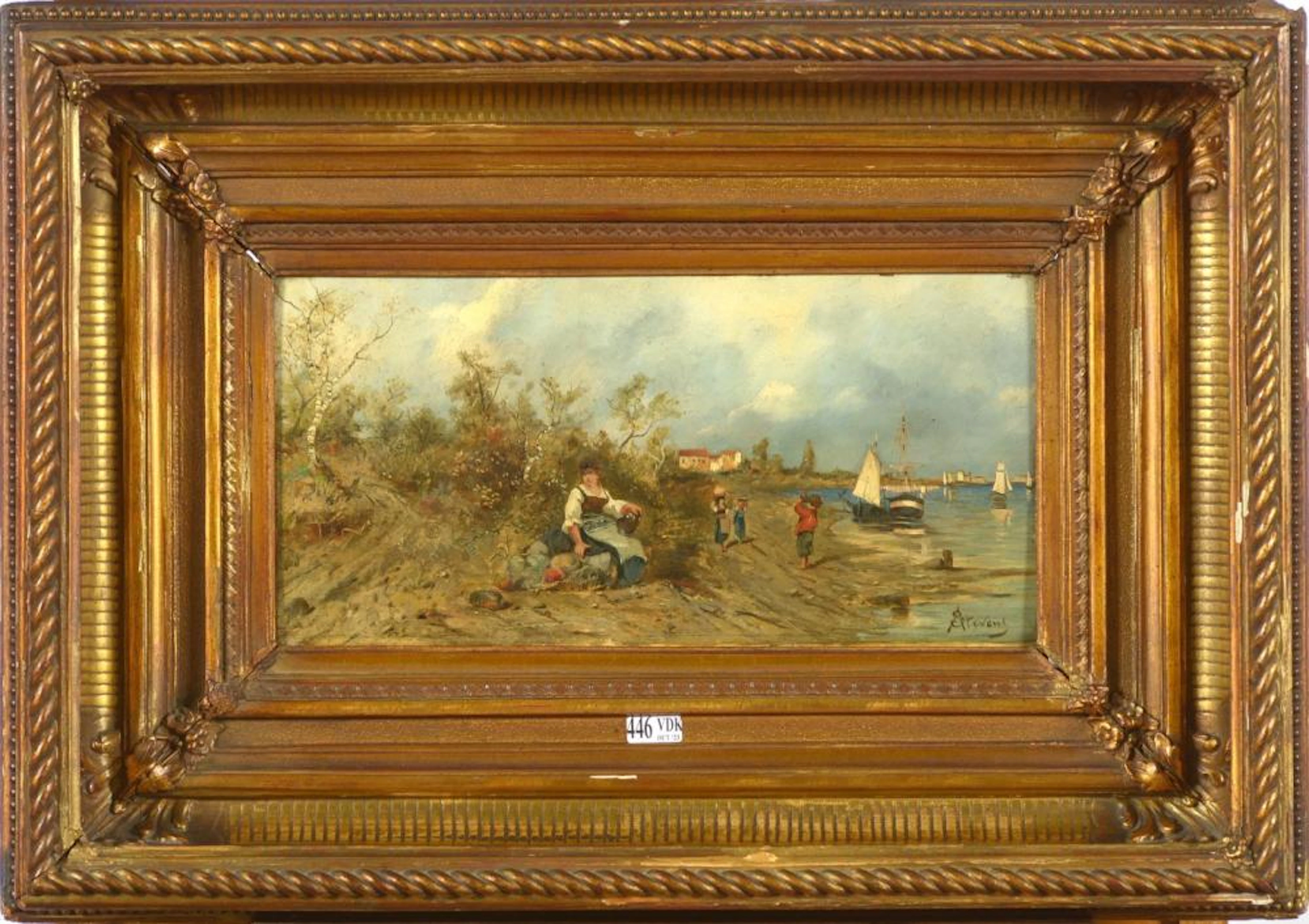 STEVENS Alfred (1823 - 1906) Huile sur panneau "Bord d'estuaire animé". Si
