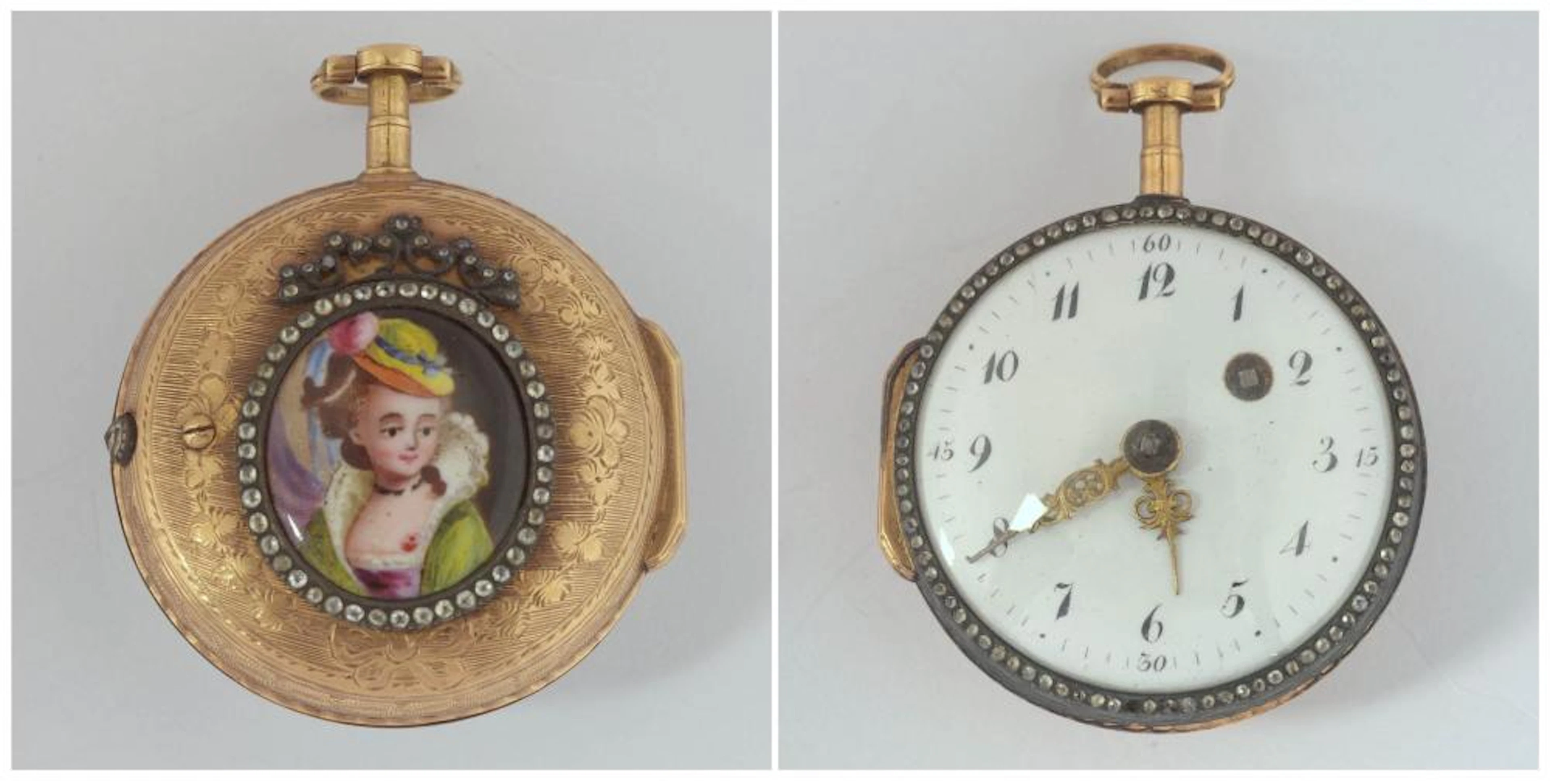Montre gousset en or jaune décorée d'un portrait en médaillon. Cadran émai