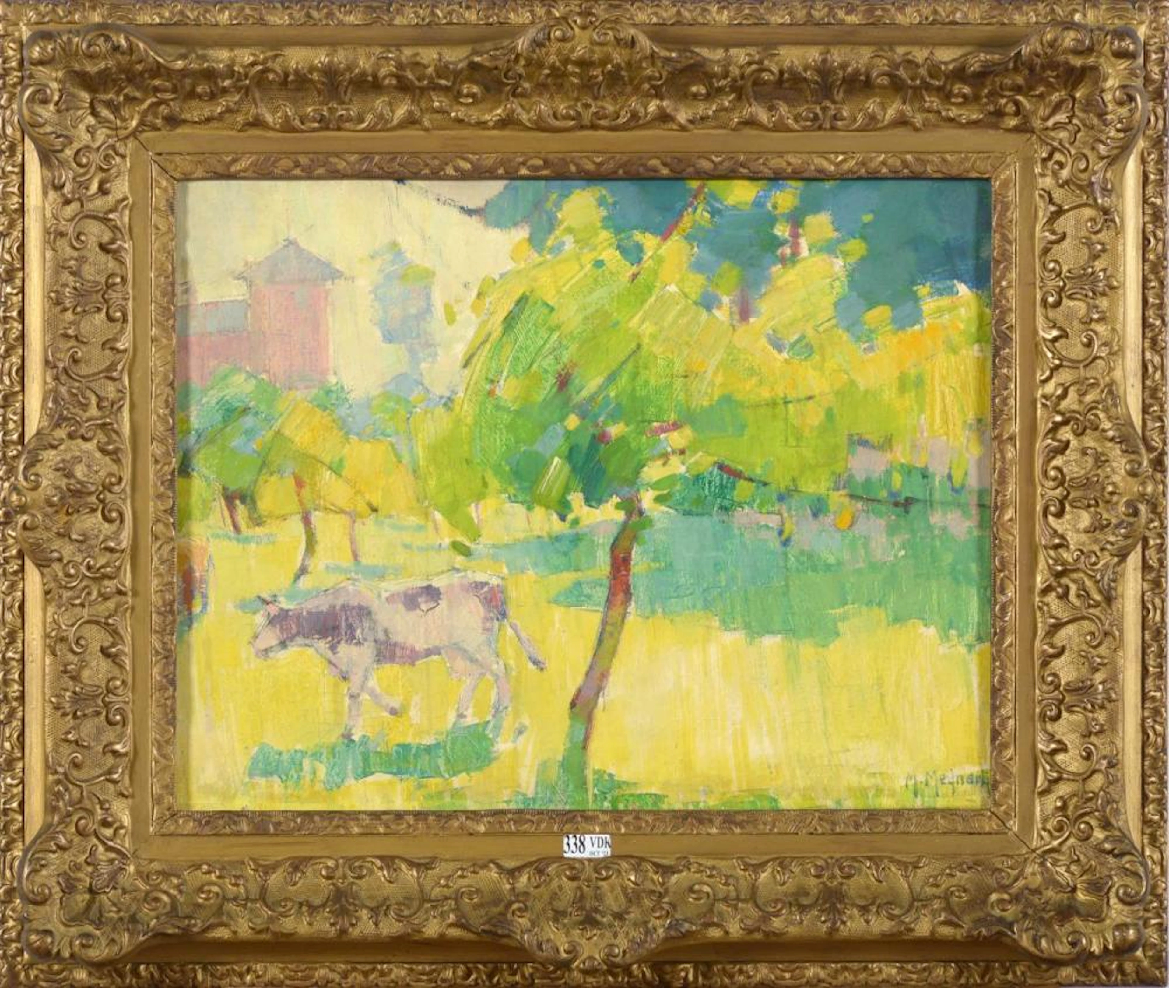 MEYNART Maurice (1894 - 1976) Huile sur toile "Vache sous un arbre au verge