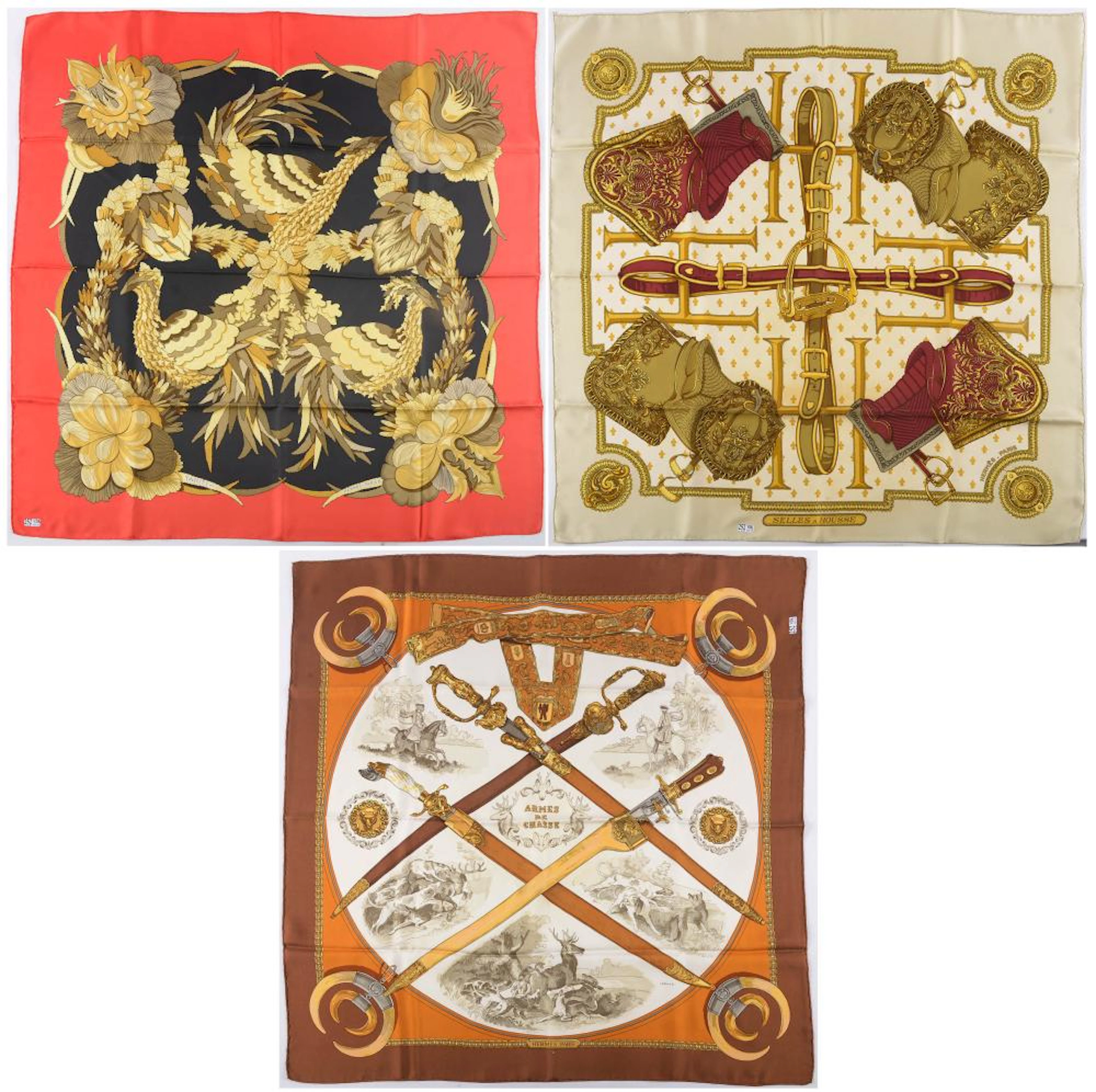 Vintage et Haute Couture HERMES Paris Lot de trois foulards en soie d