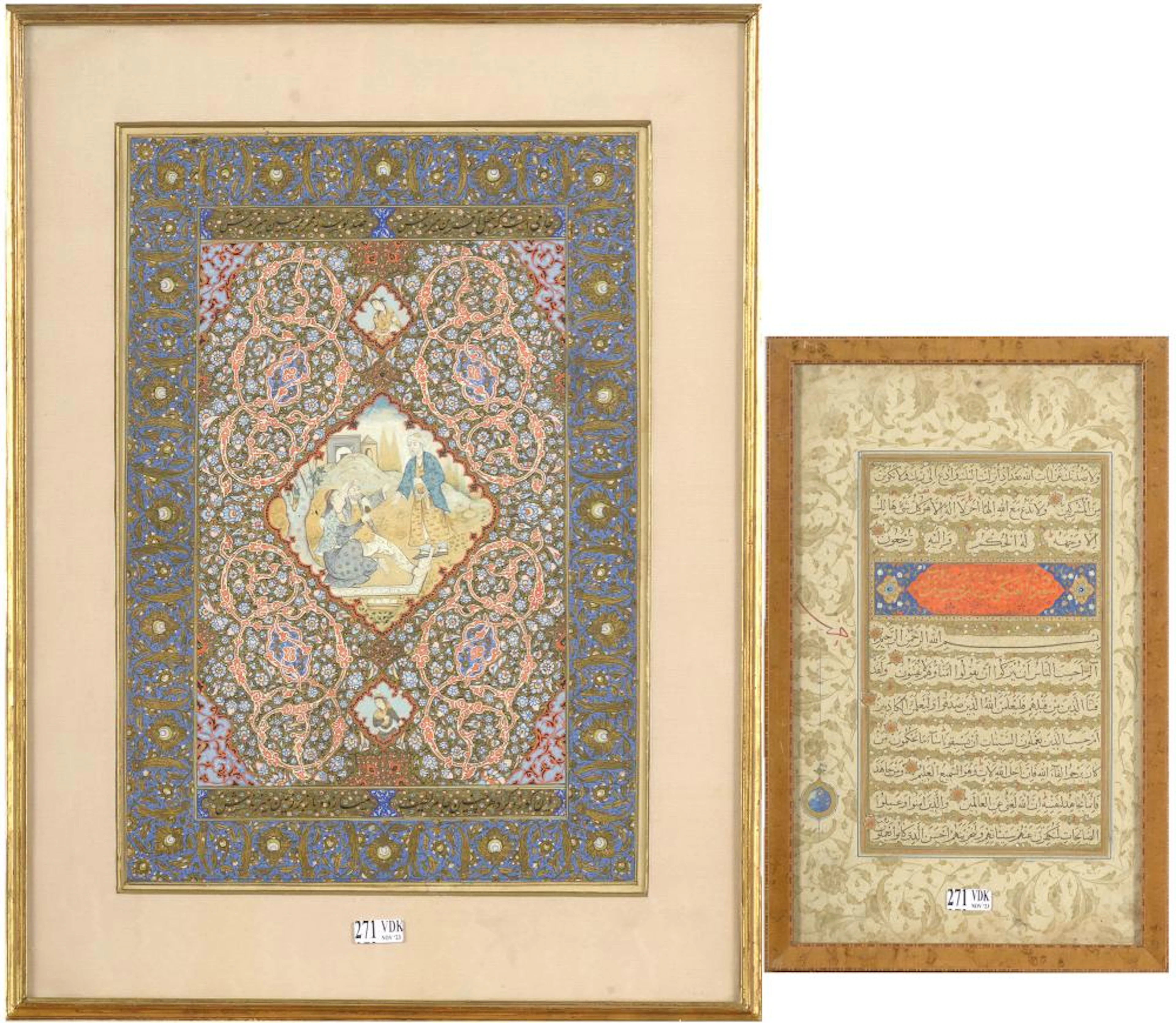 Art Islamique Lot de deux comprenant une page du Coran rehaussée de