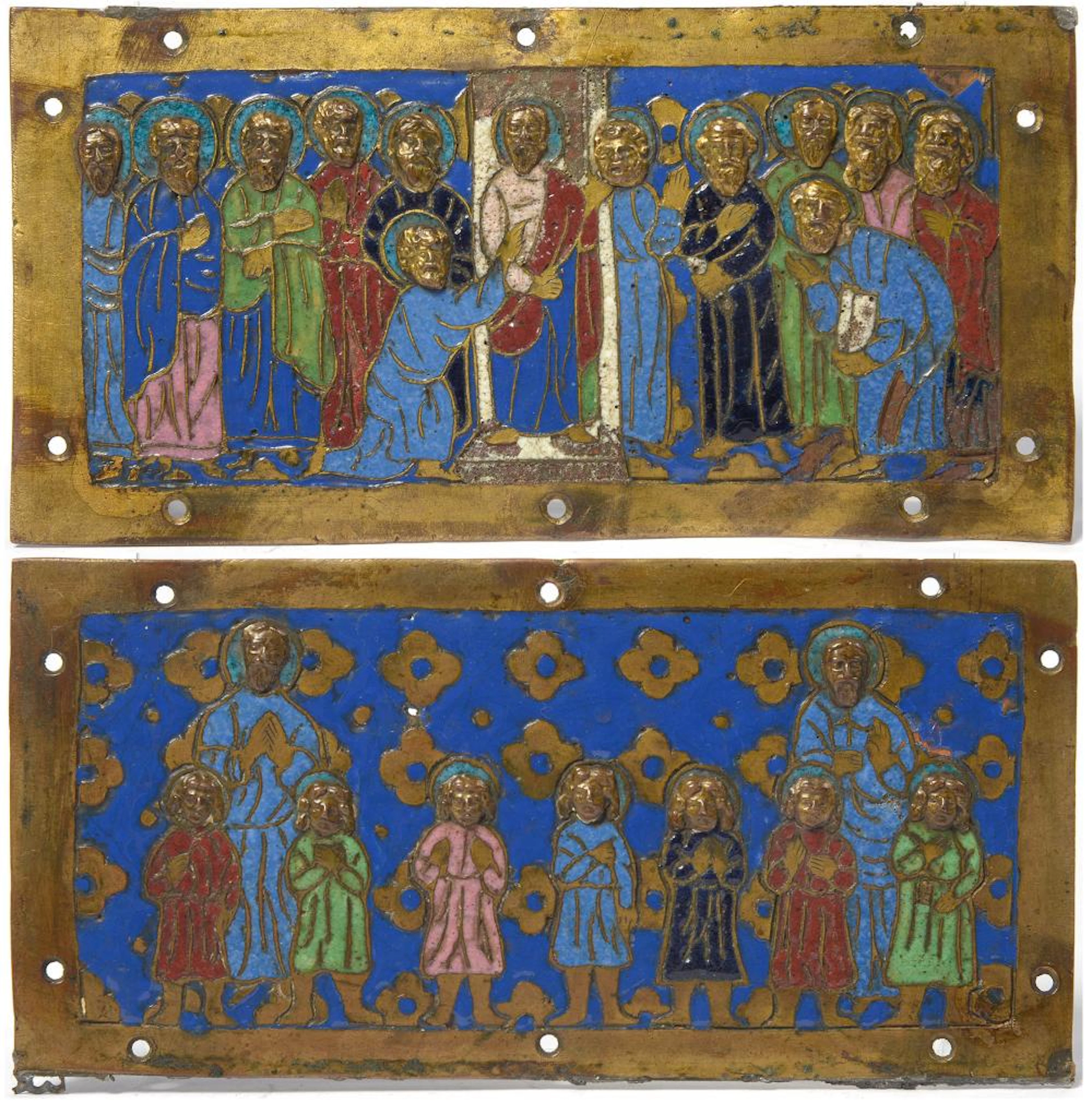 Haute Epoque Paire de plaques de châsse en bronze sculpté et émail c