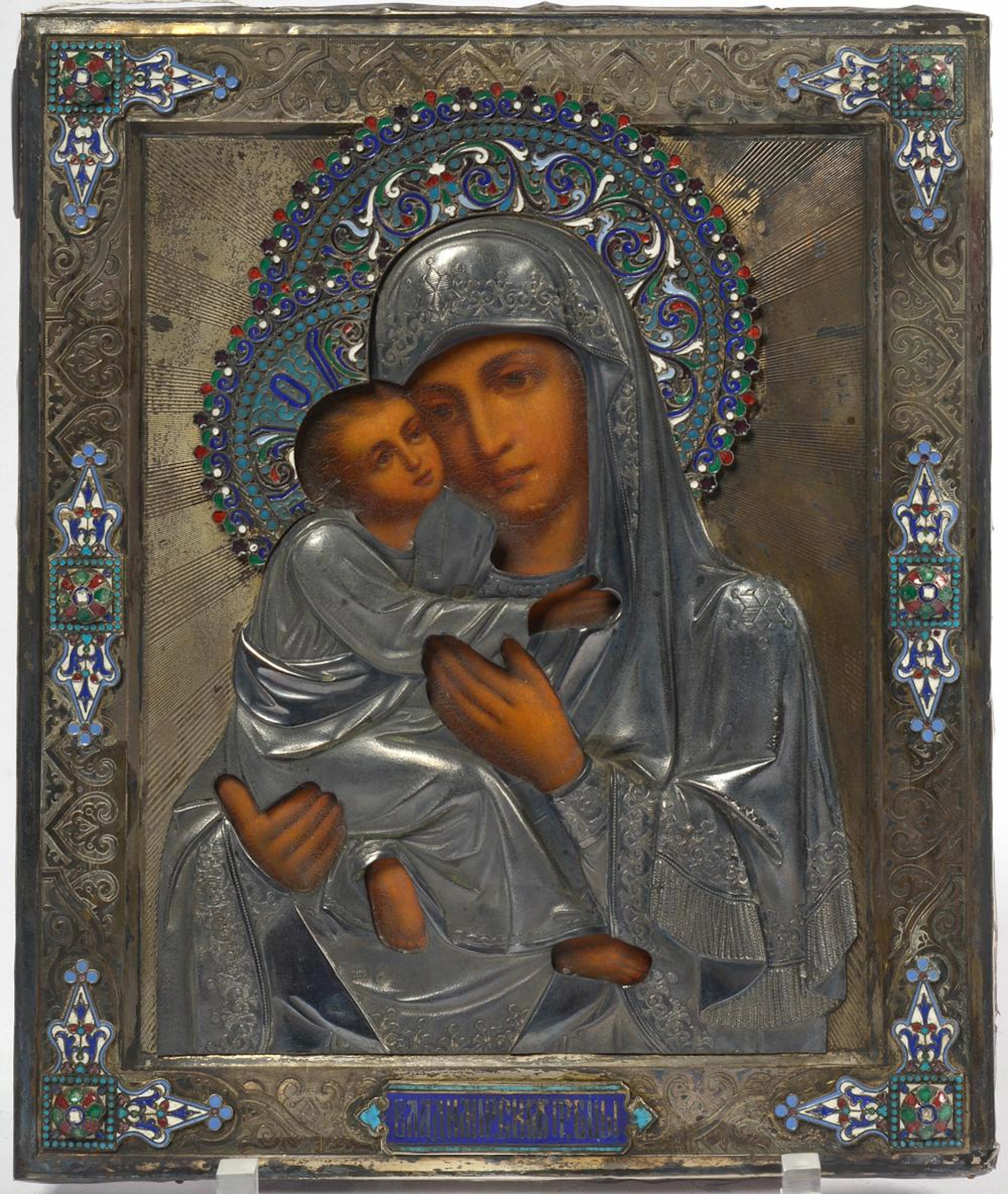 Art Russe Icône peinte sur bois représentant la "Vierge de Vladimir"