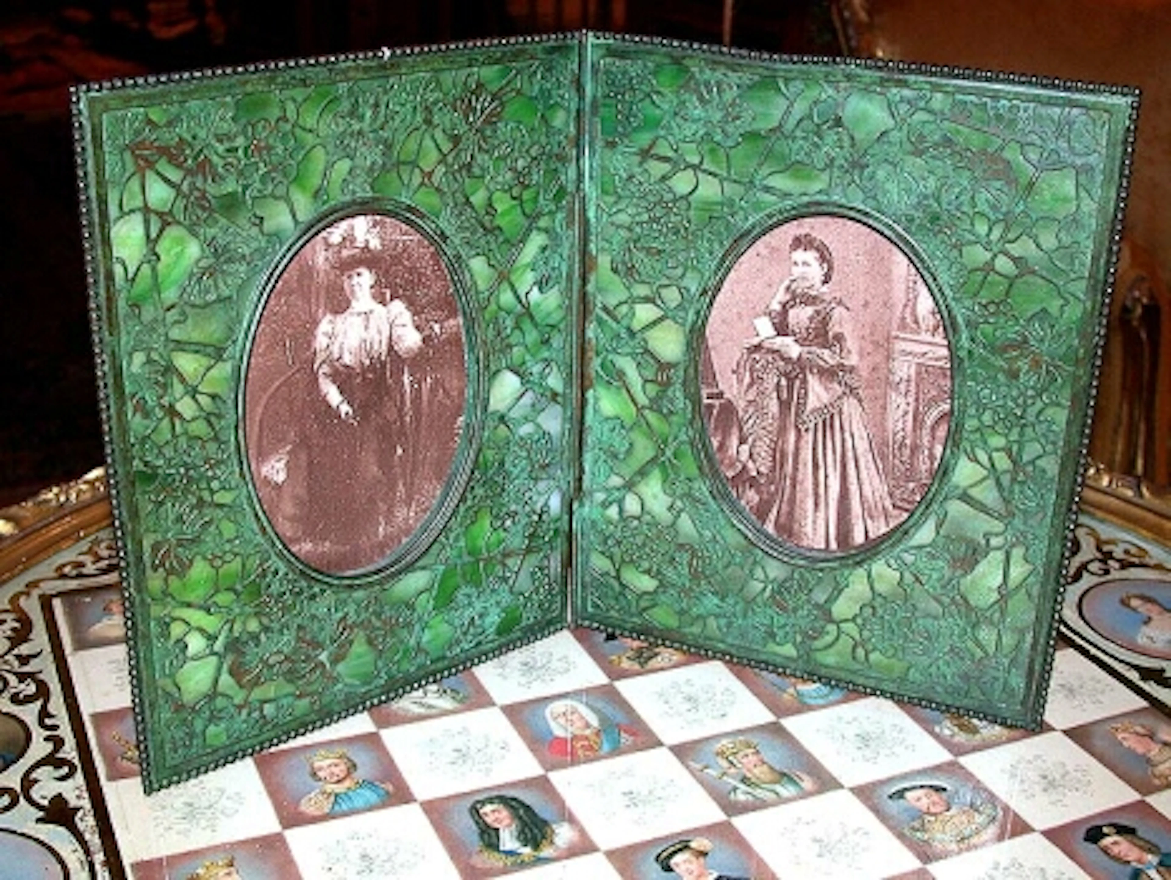Tiffany Studios Bronze and Slag Glass Bifold Double Photo Frame