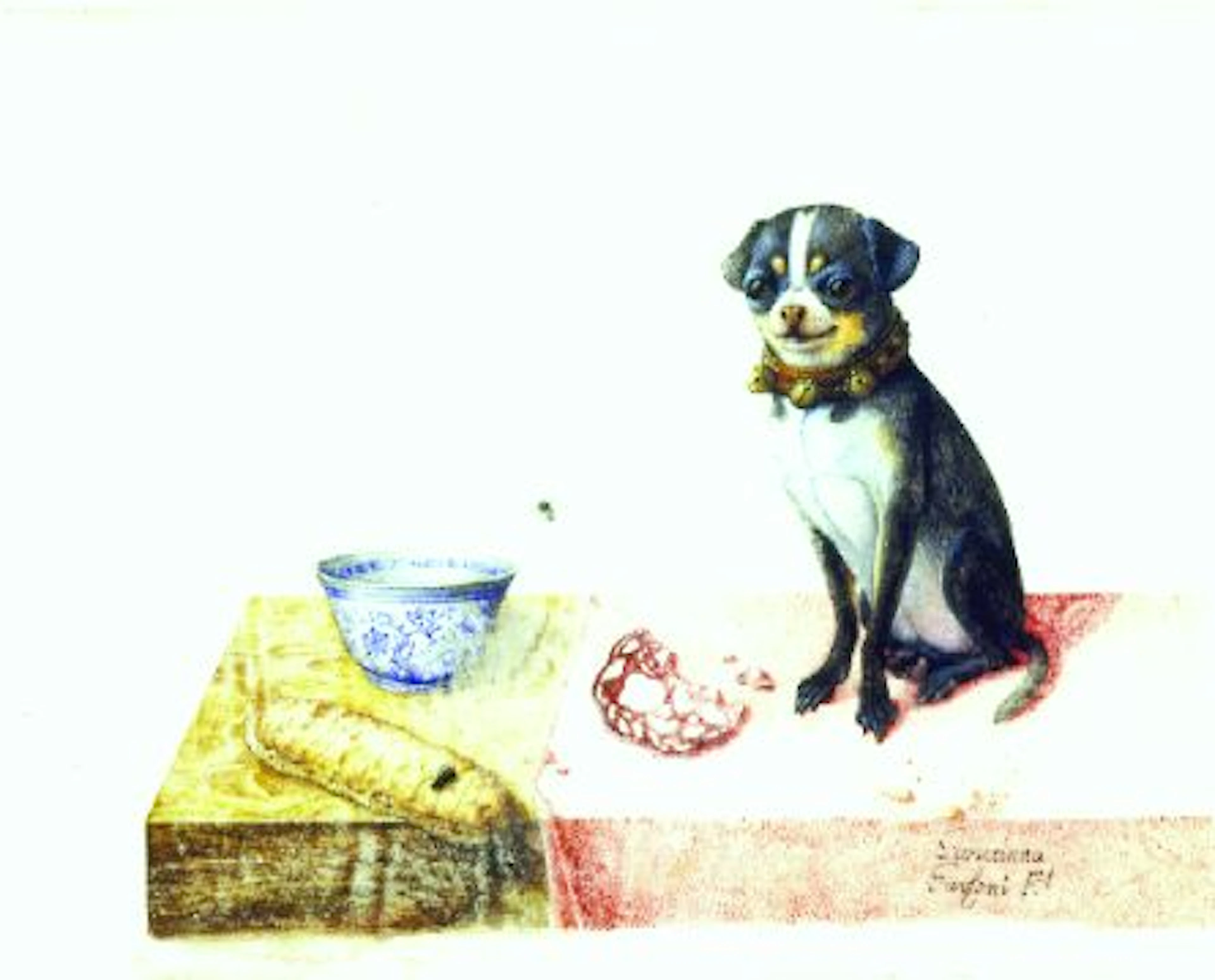 Italian School 20th Century Pug on a Table with Bread, Sopressata and Two Flies