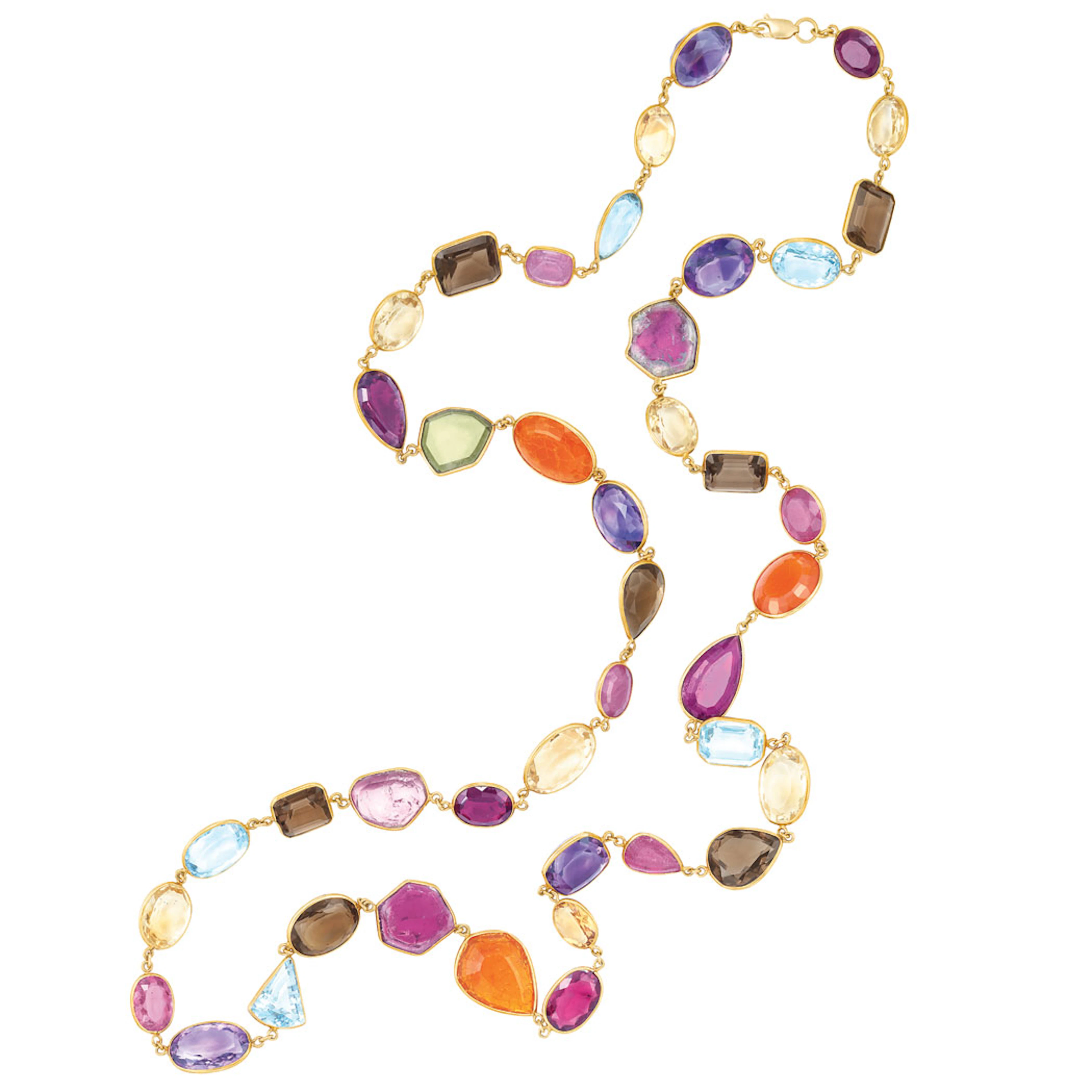 Long Gold and Multicolored Stone Chain Necklace
