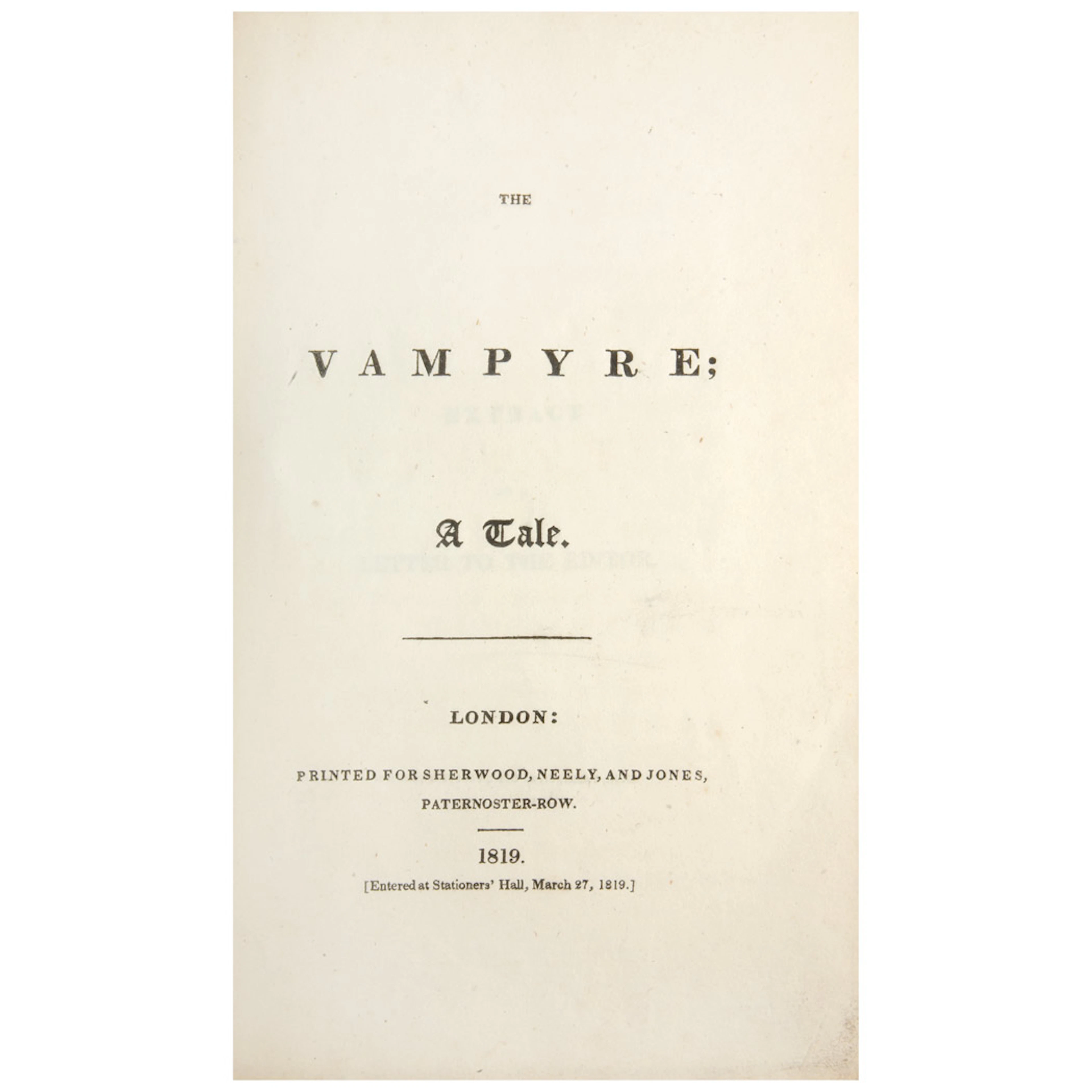 POLIDORI, JOHN WILLIAM The Vampyre. A Tale.