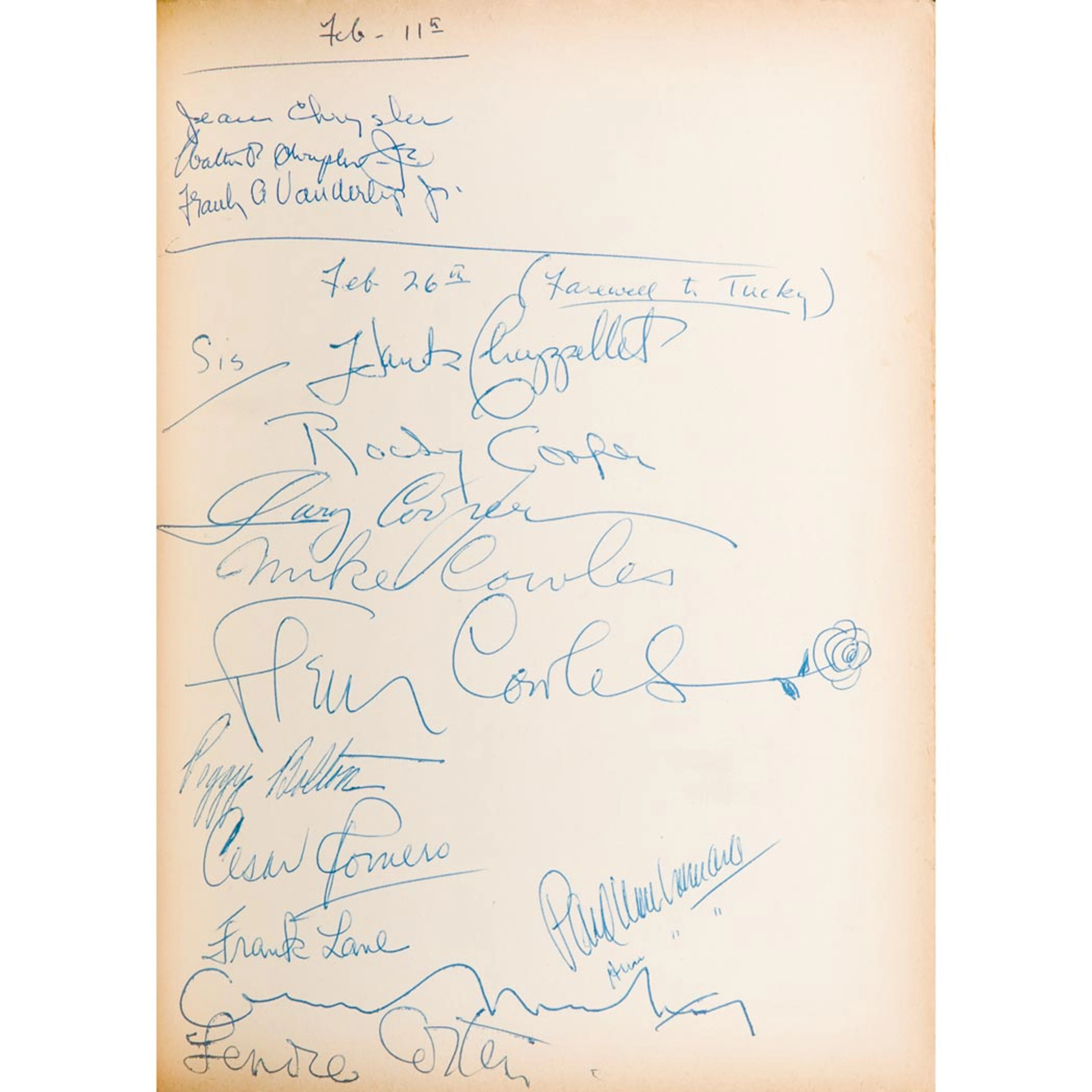 Includes the signatures of such luminaries as Cole Porter (a regular visitor), Cecil Beaton, David Selznick, Mary Pickford, Deems Taylor, Daryl Zanuck, Gary Cooper, Basil Rathbone, Lord Mountbatten, C