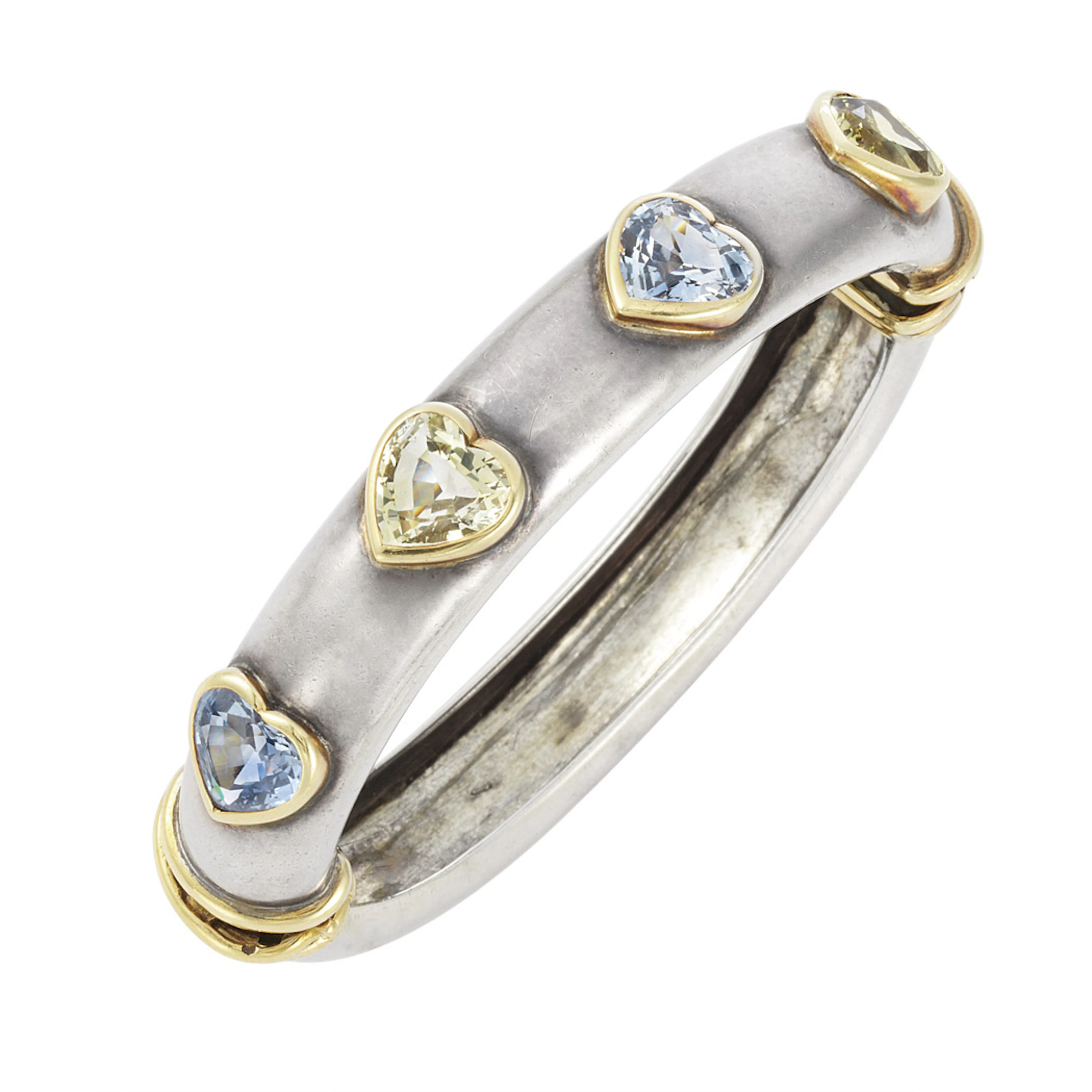 Silver, Gold and Multicolored Sapphire Bangle Bracelet, Jeanne Poiret Boivin