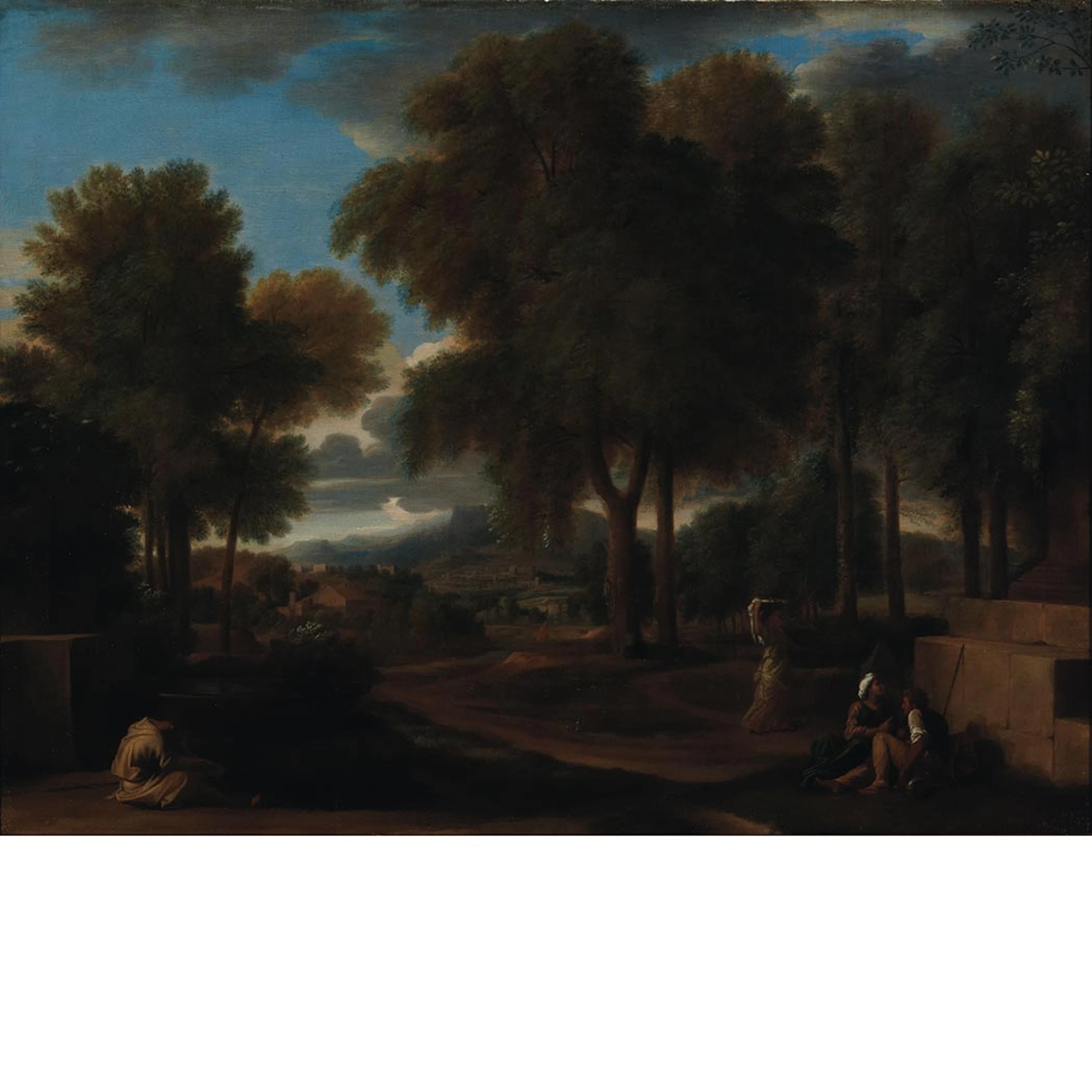 Attributed to Sebastien Bourdon Italianate Landscape with a Monk and Peasants by a Fountain